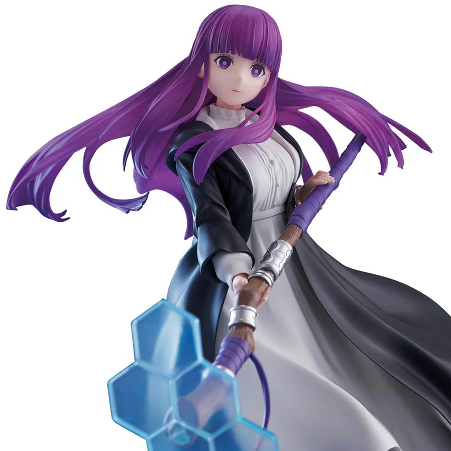 An anime figurine of a female character with long purple hair, wearing a black and white outfit, holding a staff with a translucent blue crystal-like end, set against a plain white background | Fern: Frieren Beyond Journey's End Effectreme Figure | Happy Piranha