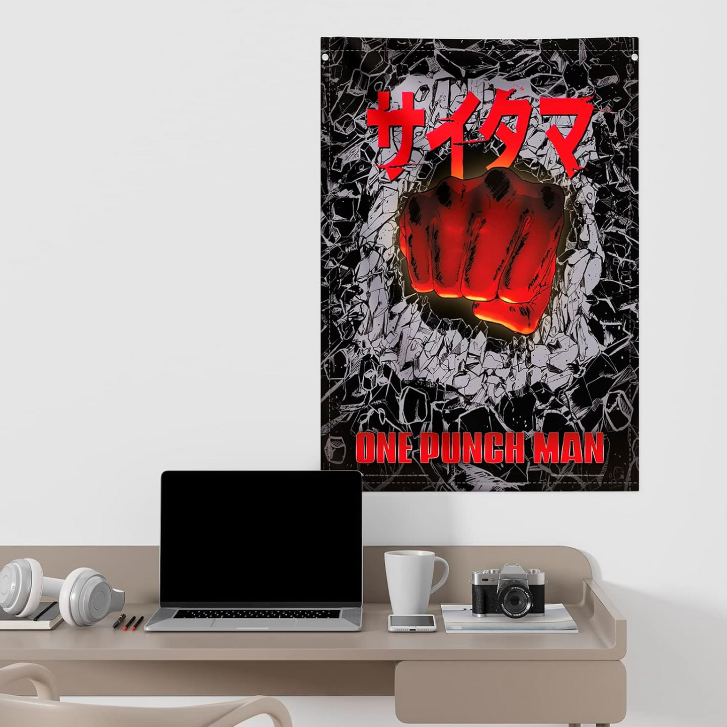 One Punch Man Anime Flag 70 x 100cm Wall Scroll Above a Desk | Happy Piranha