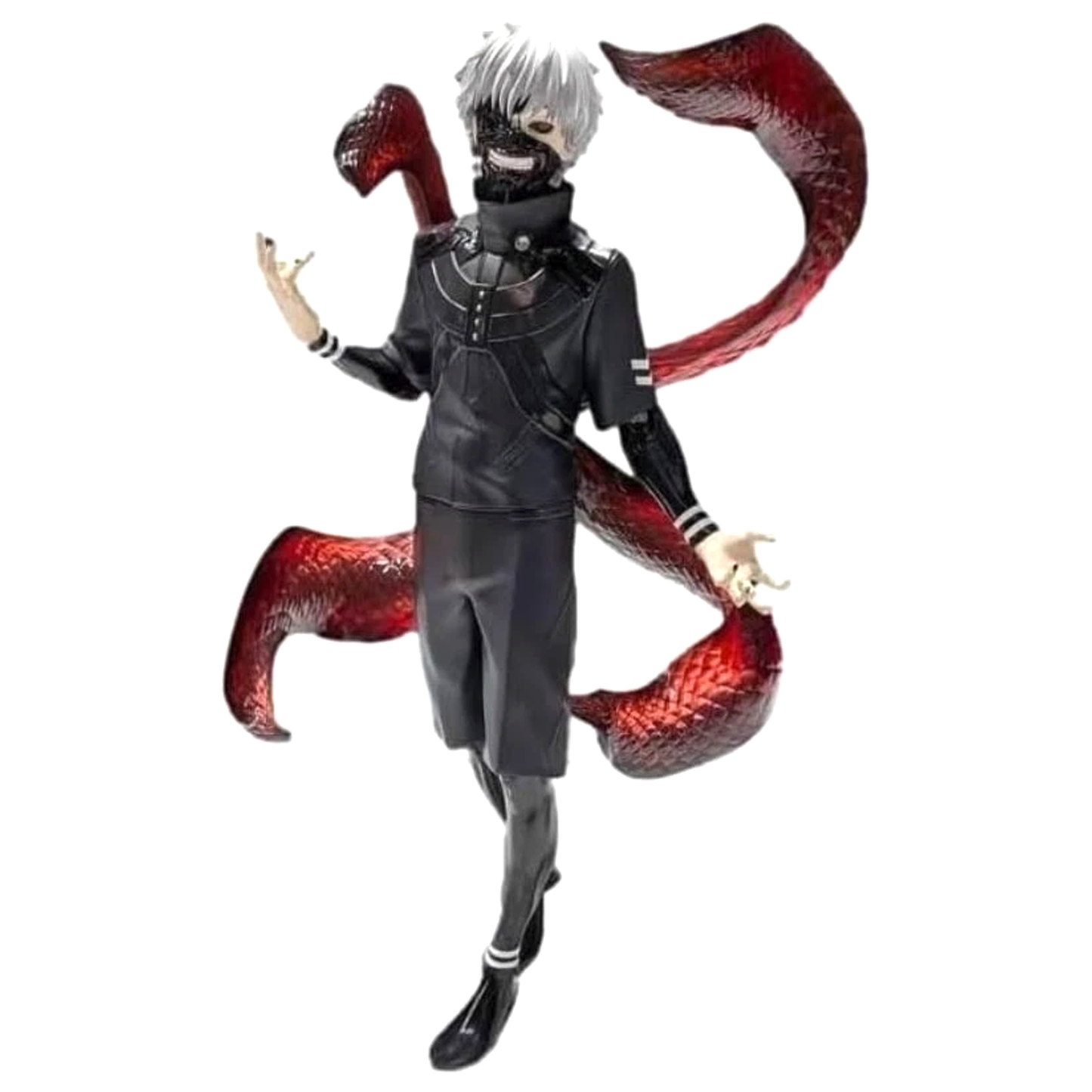 A collectible figure of the character Ken Kaneki from the anime Tokyo Ghoul, featuring his signature black outfit, silver hair, and the red Ghoul tentacles wrapping around him, set against a plain white background | Tokyo Ghoul Ken Kaneki Grandista Figure | Happy Piranha