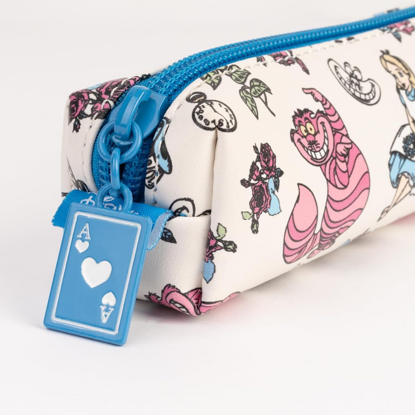 A Close up of the Card Shaped Zipper on an Alice in Wonderland Design Mini Pen & Pencil Case With an Alice and Cheshire Cat Design | Happy Piranha