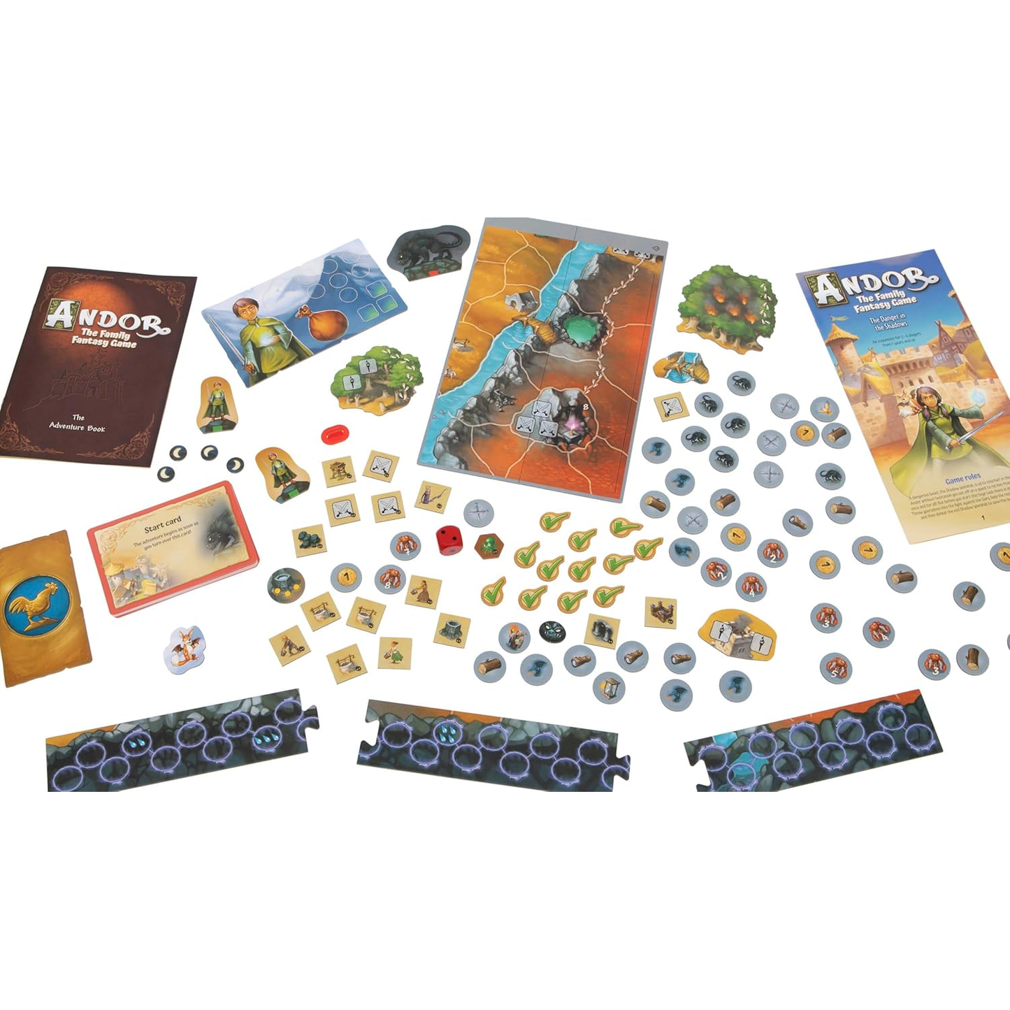 The Danger in the Shadows: Andor Family Board Game Expansion ( Box and Contents) on a White Background | Happy Piranha