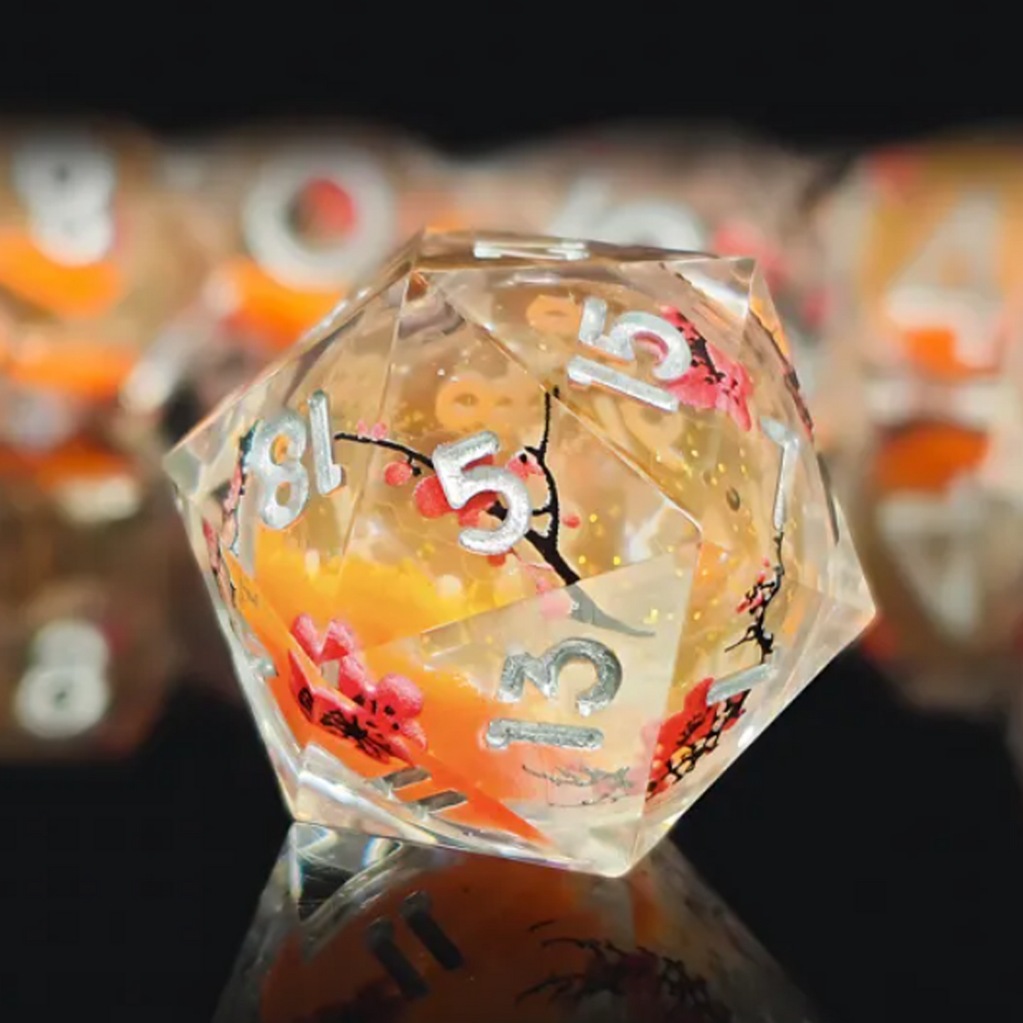 Autumn Blossom: Liquid Core Glitter Filled Cherry Blossom D20 Close up | Happy Piranha