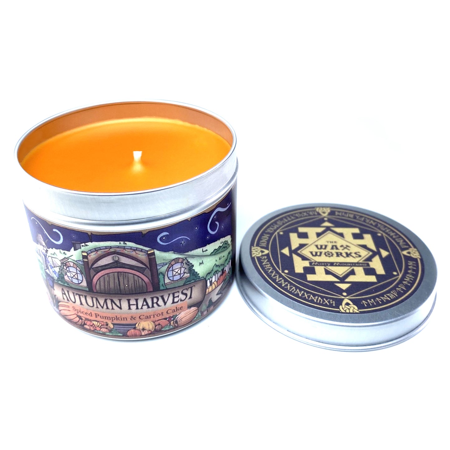 Autumn Harvest Scented Candle With its Lid by its side and Orange Wax Showing | Happy Piranha