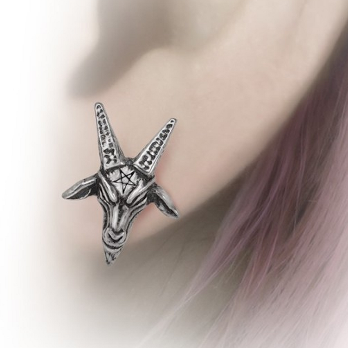 Baphomet Studs - Gothic Design Pewter Earrings on a Person's Ear | Happy Piranha