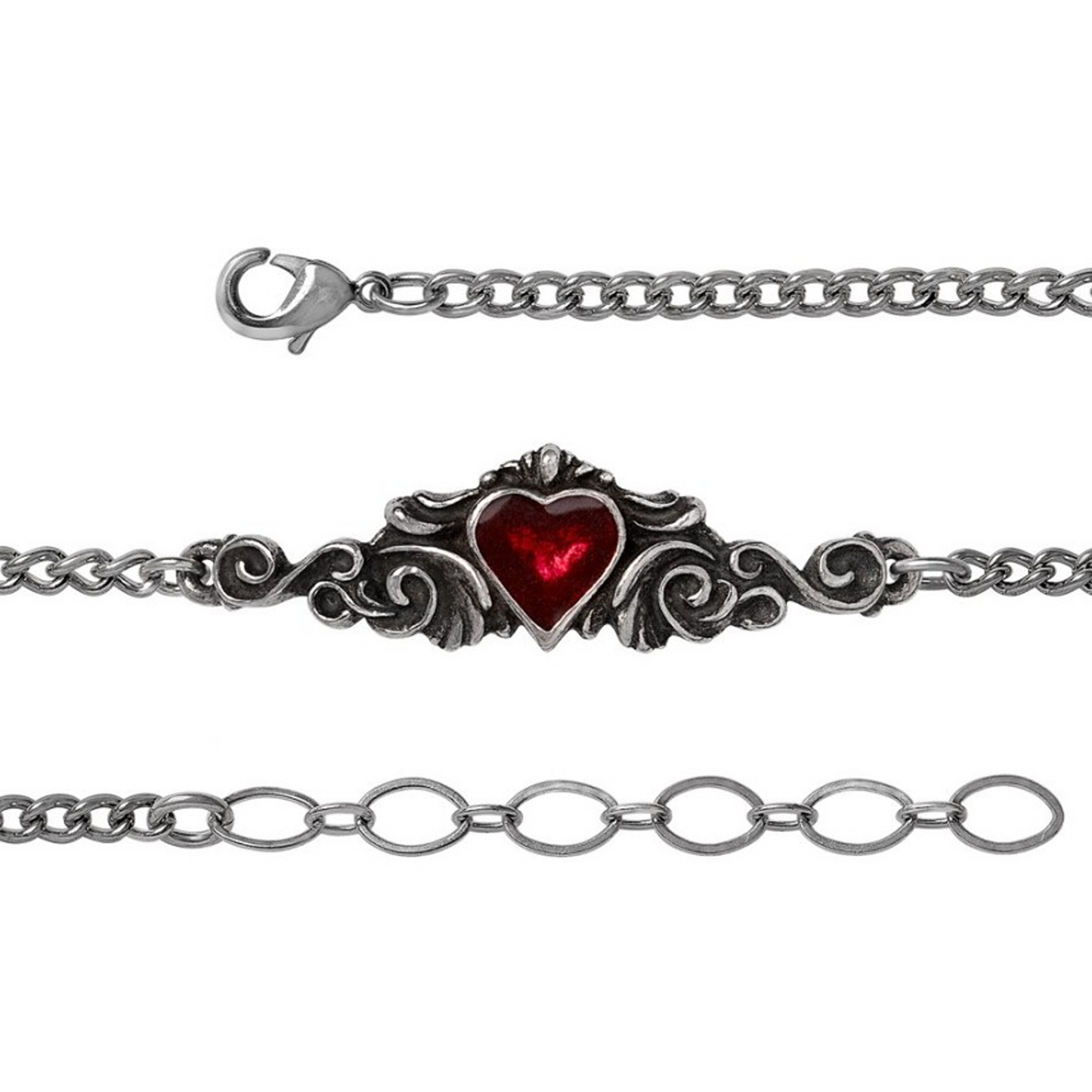 Betrothal - Pewter & Red Crystal Gothic Design Bracelet Laid Out Showing the Chain and Bracelet on a White Background | Happy Piranha