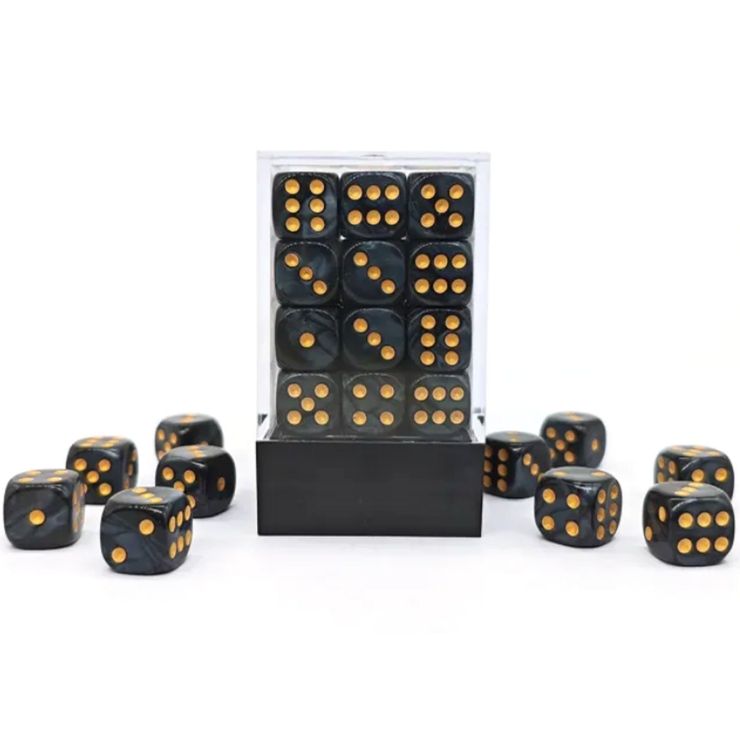 Pearlescent Black 36 Pip Dice D6 (6 Sided Dice) Box Set on a White Table Surrounded by ore Black Dice | Happy Piranha