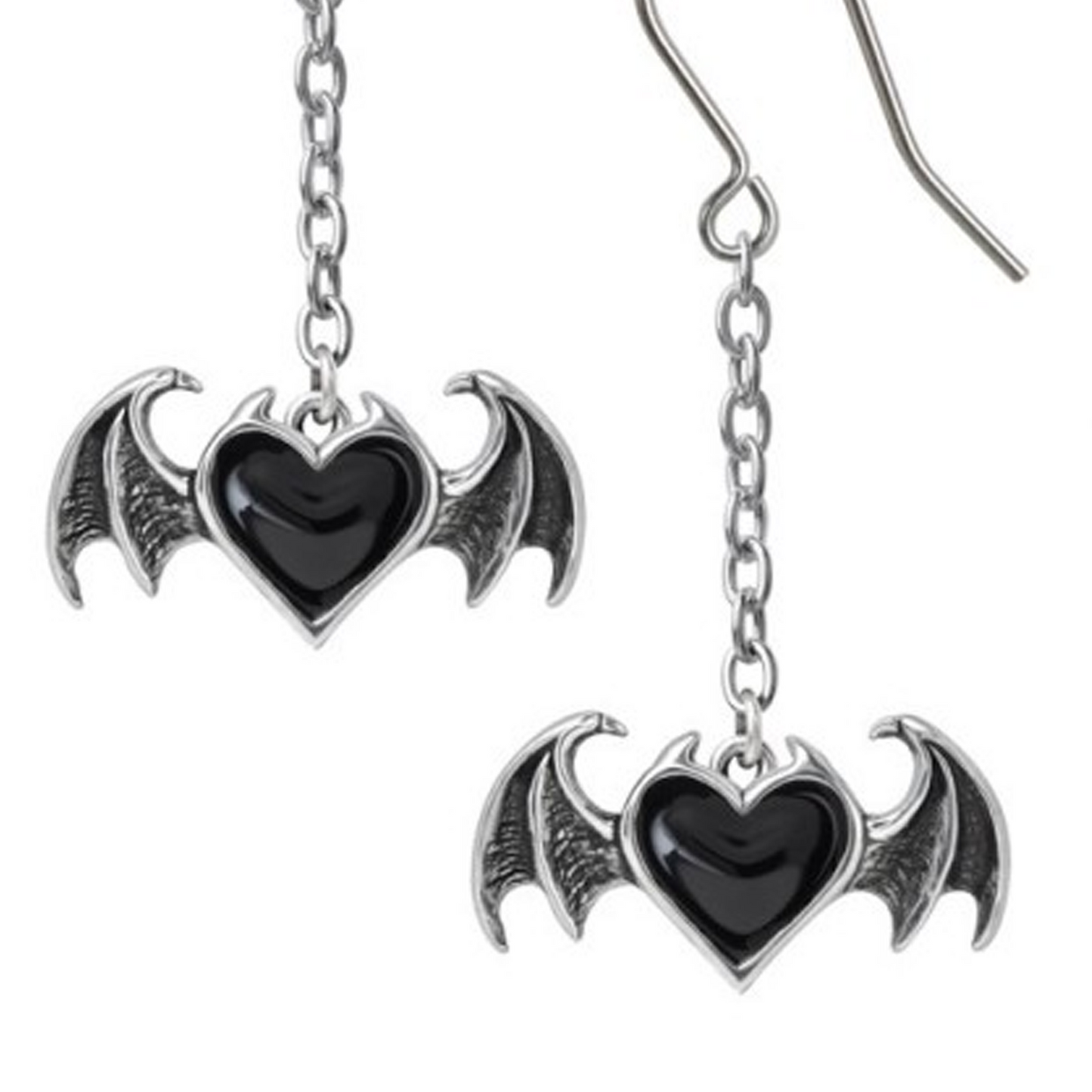 Blacksoul Droppers: Winged Heart Pewter Chain Earrings - Close Up on a White Background | Happy Piranha
