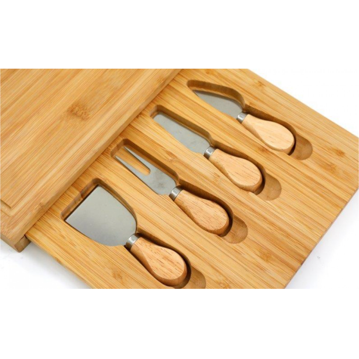 Bamboo Cheese Board Set - A Close Up of the Drawer Containing the Included Cheese Cutlery on a White Background | Happy Piranha