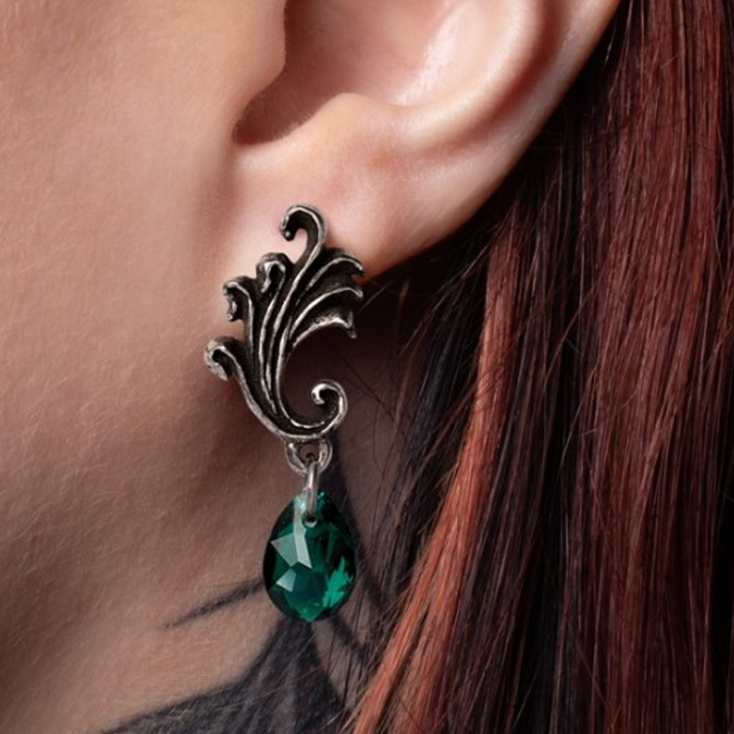 Churchyard - Pewter & Crystal Gothic Design Stud Dropper Earrings on a Person's Ear | Happy Piranha