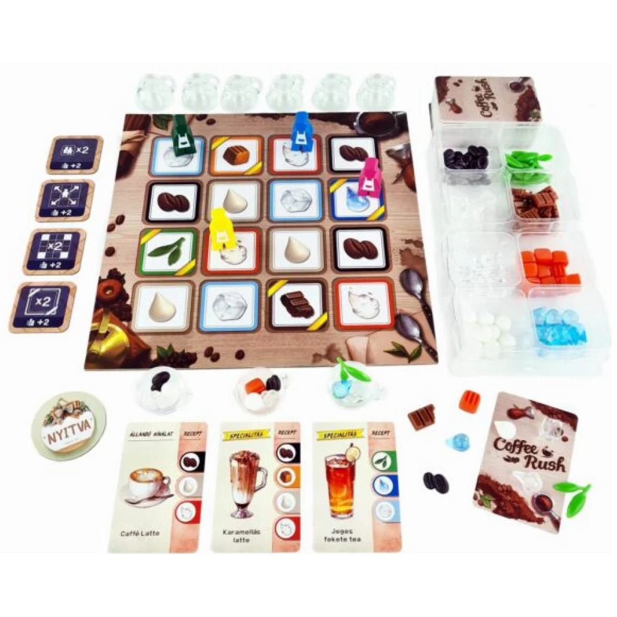 Coffee Rush Board Game (Overhead View of the Board and Components) on a White Background | Happy Piranha
