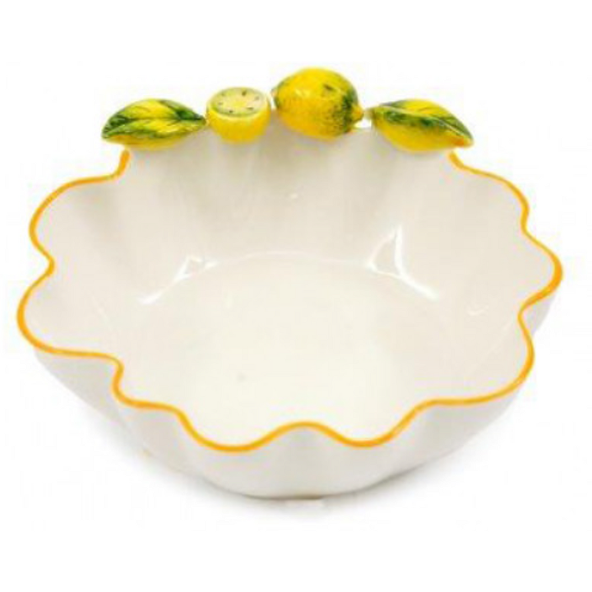 A white ceramic bowl with a scalloped rim, a thin yellow-orange border, and three 3D lemon decorations along the top edge | Happy Piranha