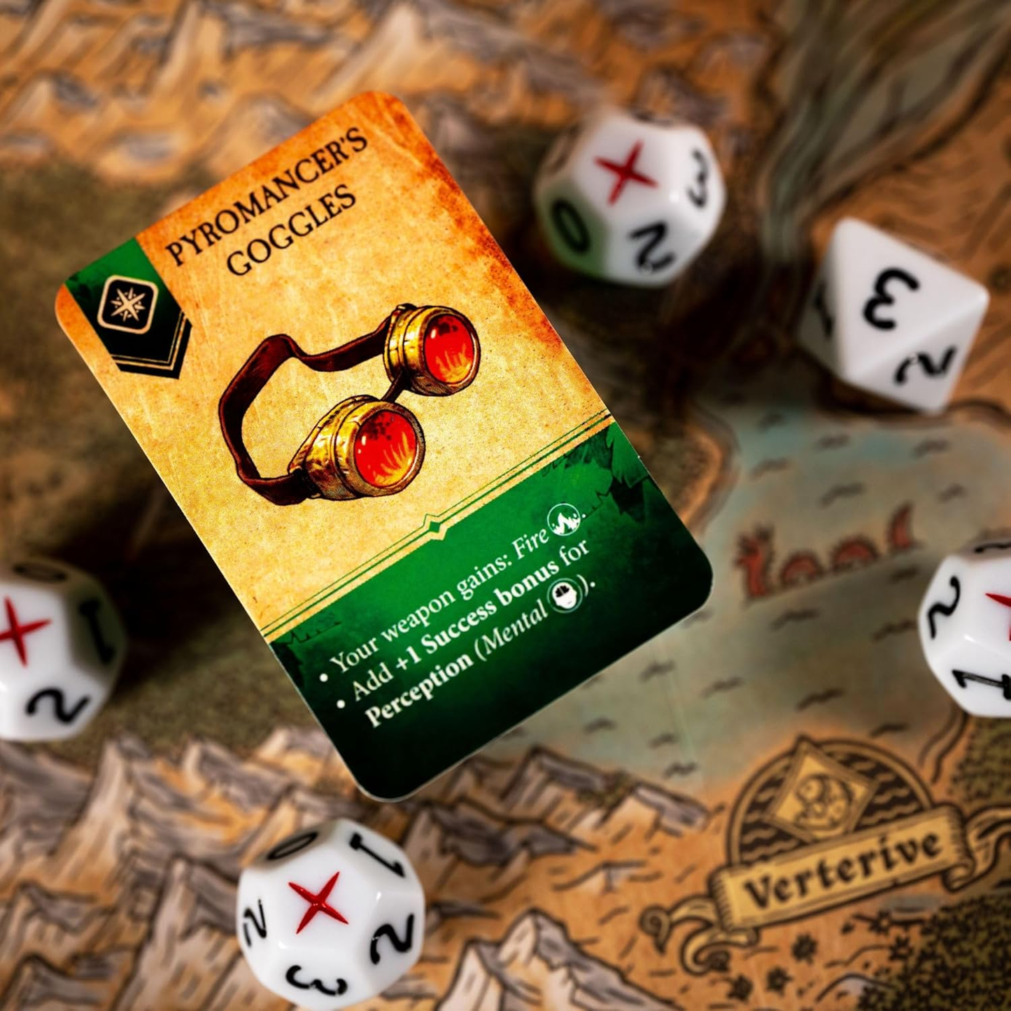 Critical Sanctuary Board Game (Card and Dice Close-Up on a Map Background) | Happy Piranha