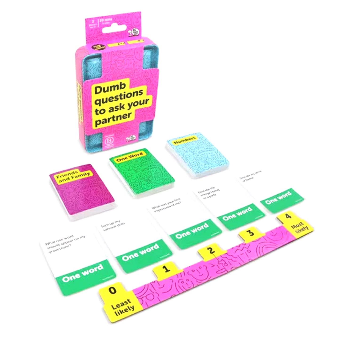 Dumb Questions to Ask Your Partner Travel Edition Card Game (Box and Contents) on a White Background | Happy Piranha
