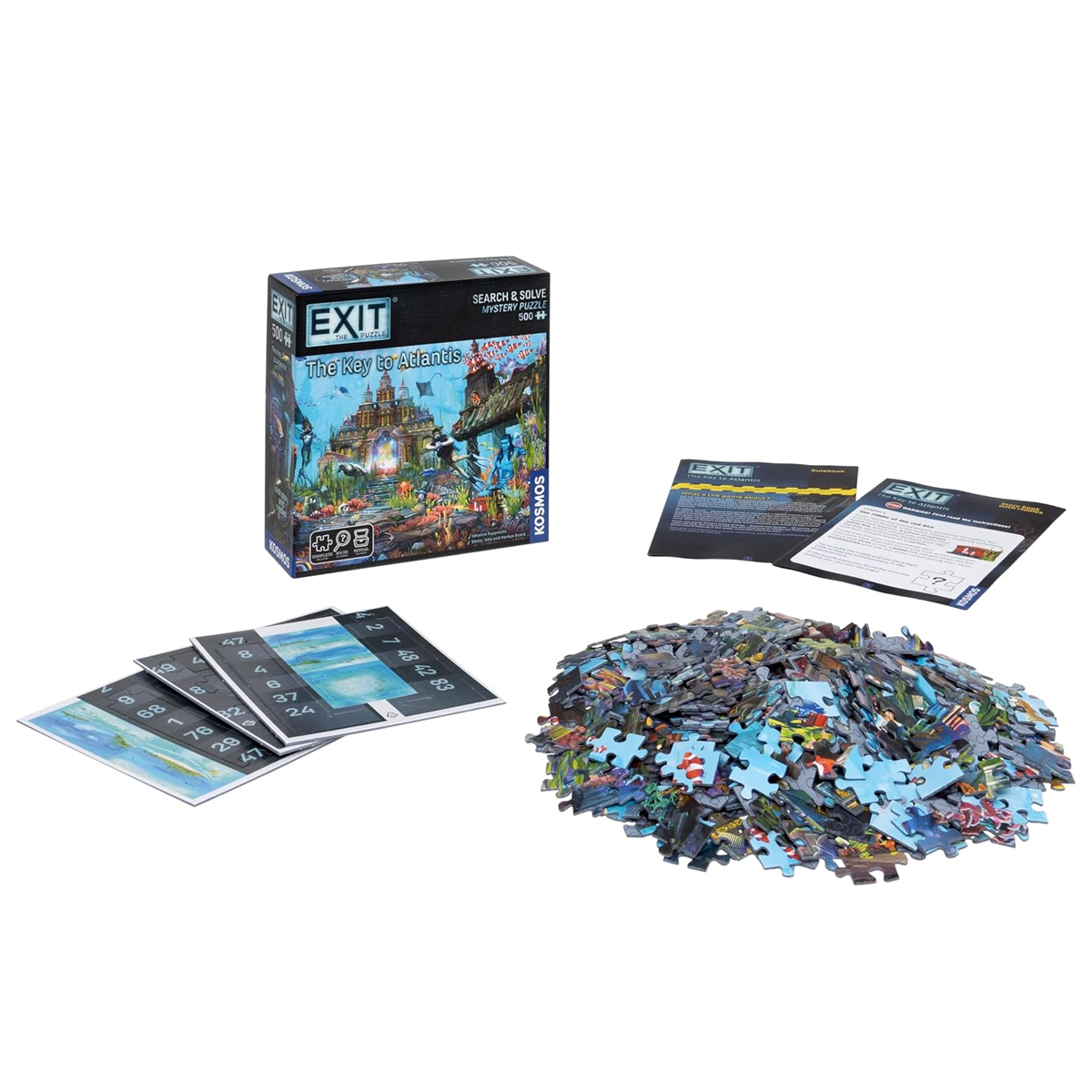 EXIT The Puzzle: The Key to Atlantis (Box and Contents) On a White Background | Happy Piranha