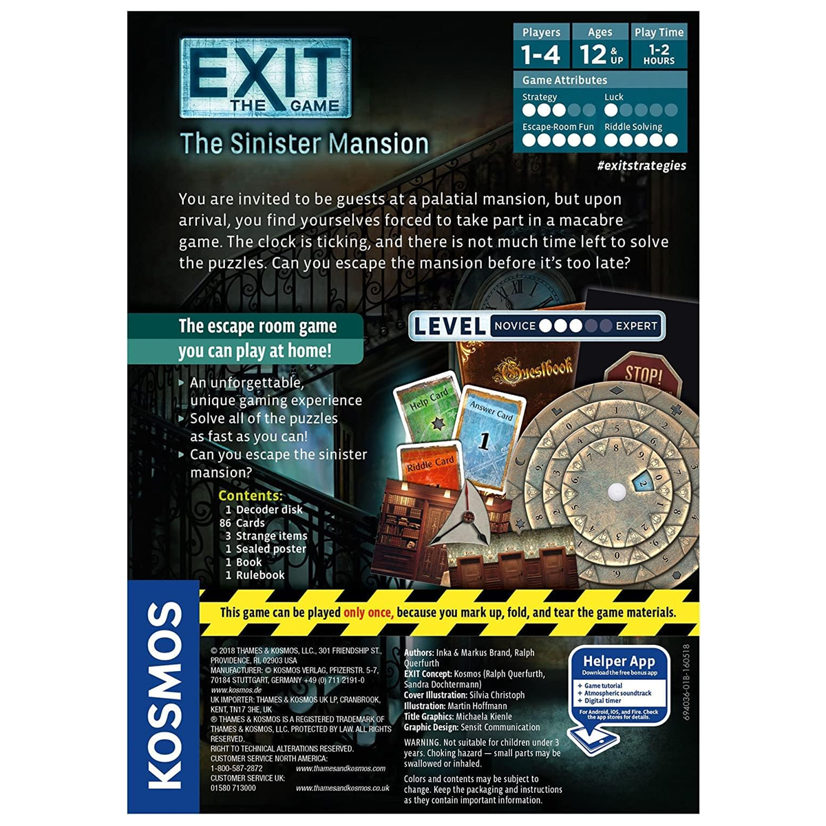 EXIT: The Sinister Mansion Escape Room Board Game Back of Box on a White Background | Happy Piranha