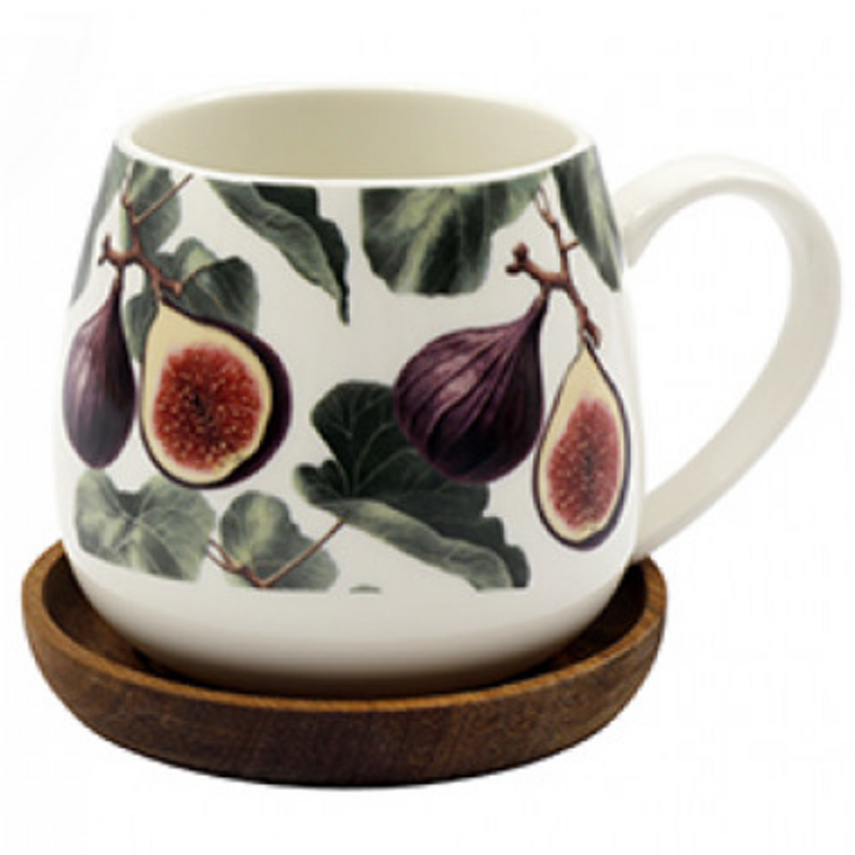 Cosy Home Fig Design Ceramic Mug & Wooden Coaster Set on a White Background | Happy Piranha