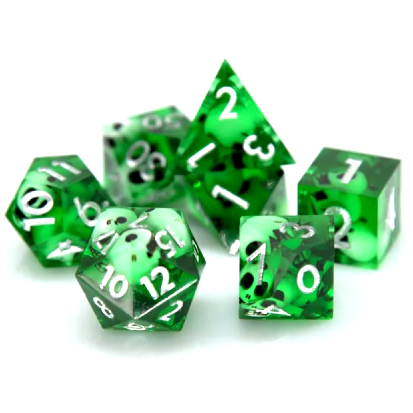 Green Miniature Skull Filled Sharped Edged Polyhedral Dice Set Close up on a White Background | Happy Piranha