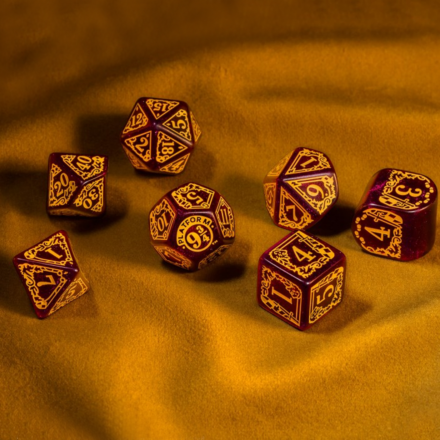 Harry Potter Modern Dice Set - Gryffindor on some San Coloured Fabric | Happy Piranha