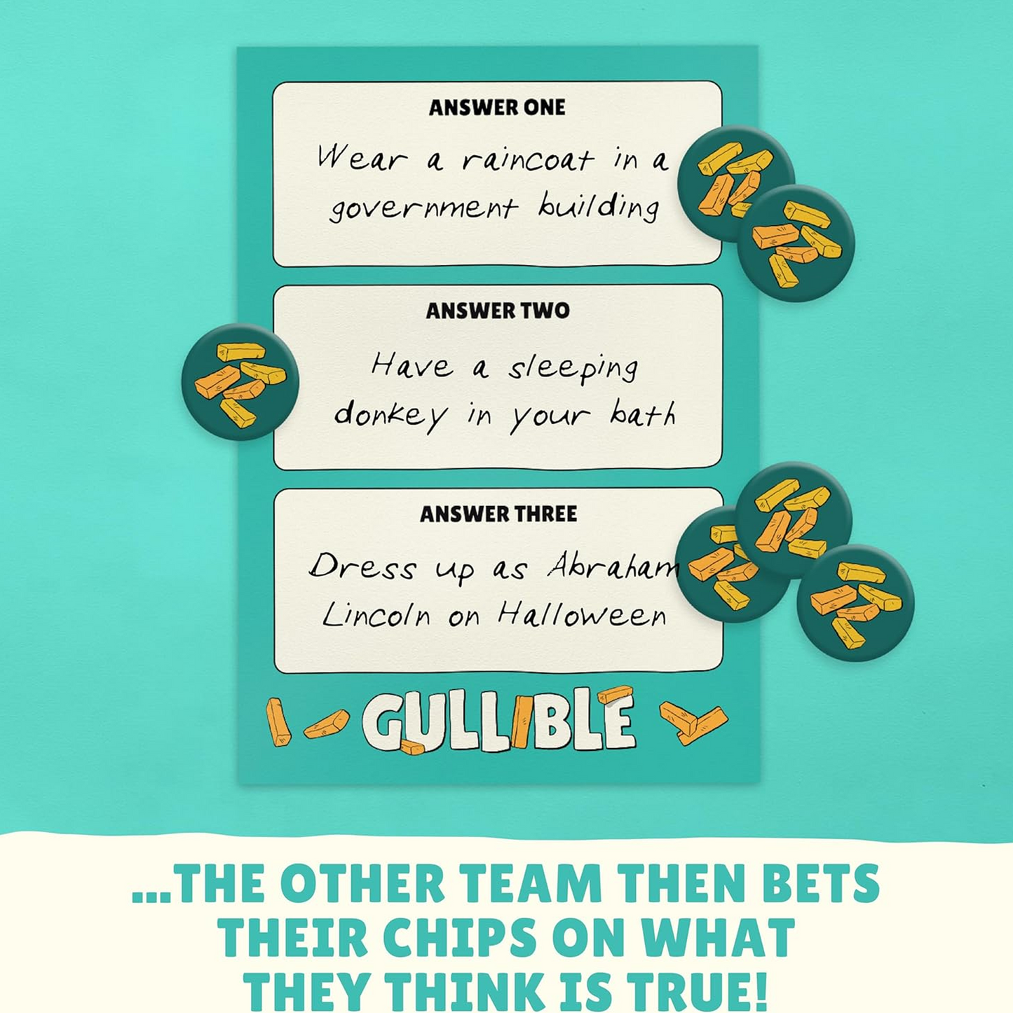 Gullible Board Game Victory Conditions Graphic on a Teal Background | Happy Piranha