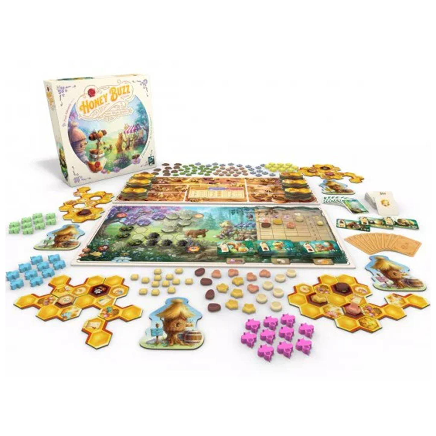 Honey Buzz Board Game Box and Components Spread out on a Table | Happy Piranha