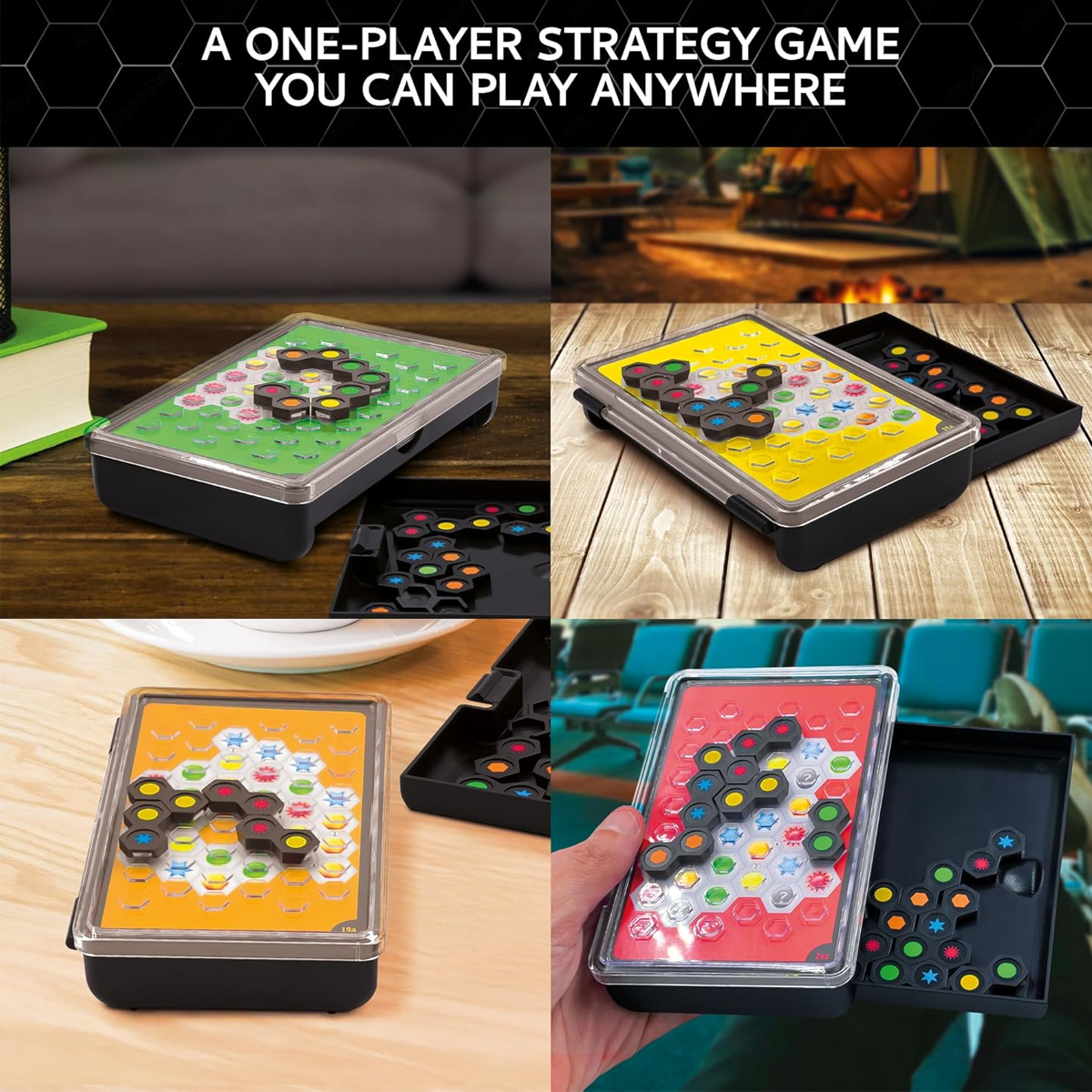 Ingenious Travel Edition Board Game Being Played in 4 Different Places, Each Image Split Into a Grid | Happy Piranha