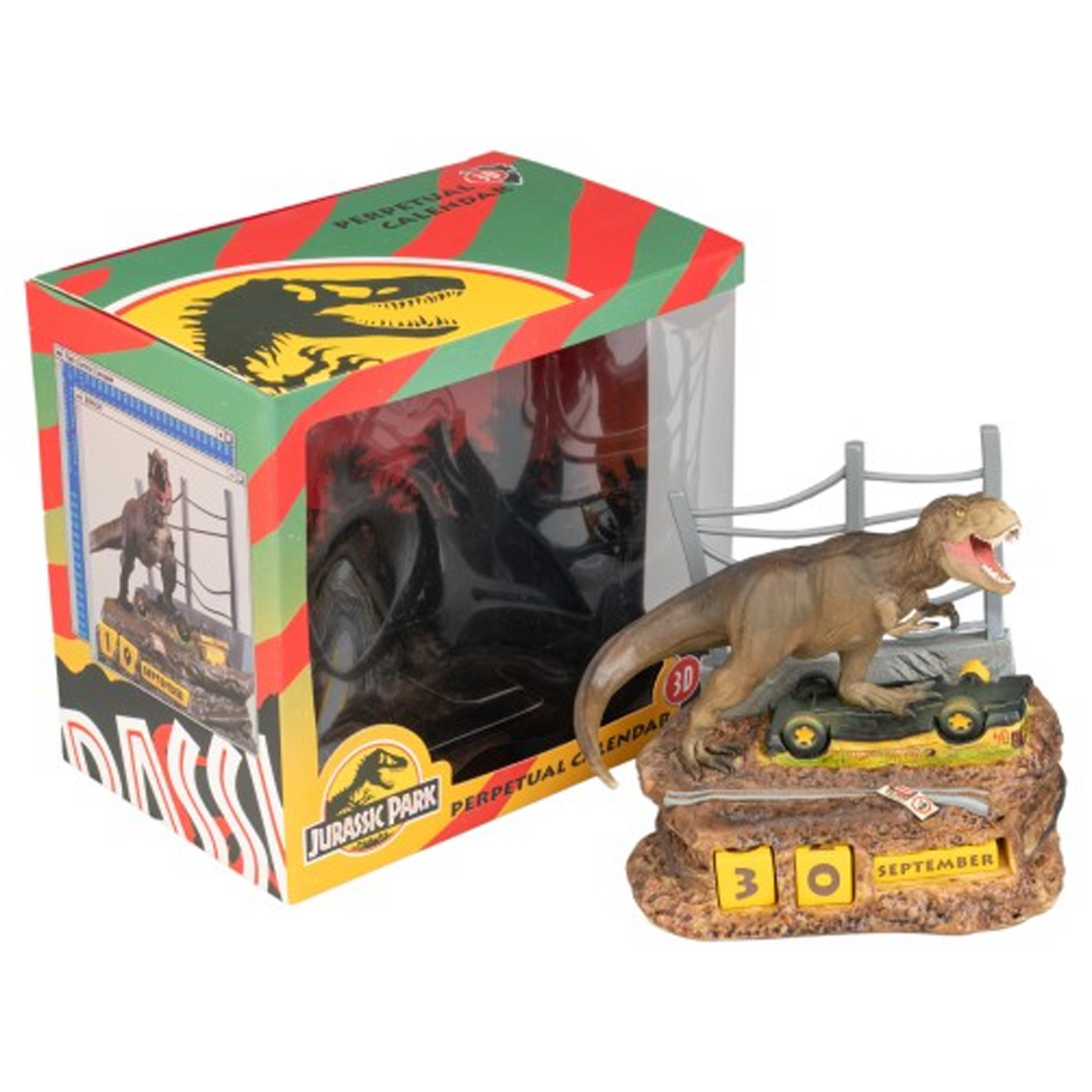 Jurassic Park T-Rex Perpetual Calendar Outside of and Next to its Box on a White Background | Happy Piranha