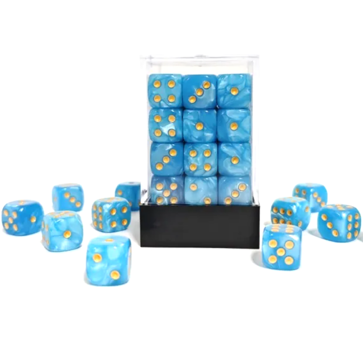 Pearlescent Light Blue 36 Pip Dice D6 (6 Sided Dice) Box Set on a White Background | Happy Piranha