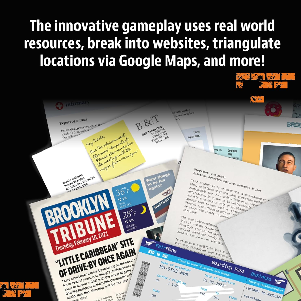 Masters of Crime: Incognito - Immersive Mystery Board Game Infographic Showing Lots of Different Documents on a Black Background | Happy Piranha