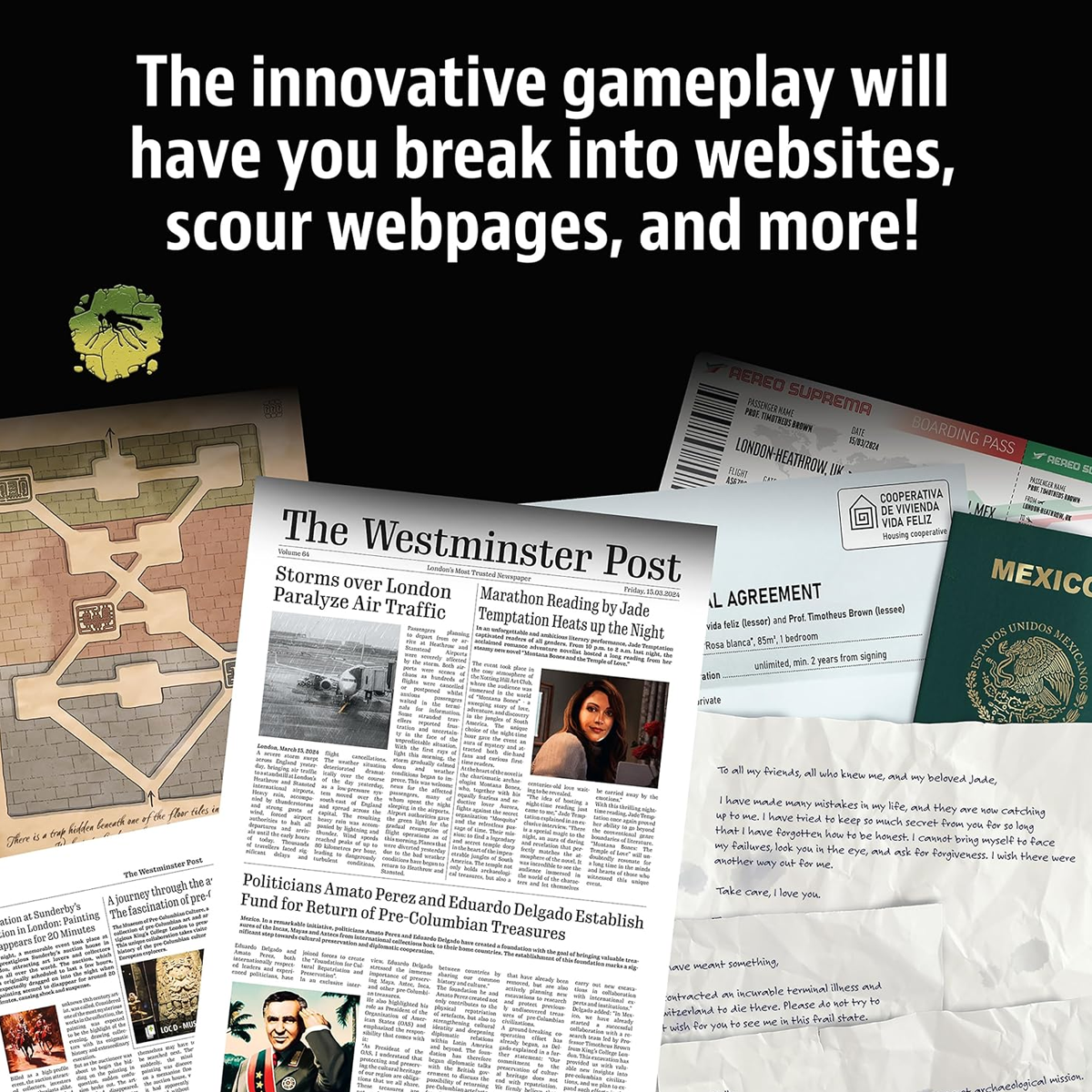 Masters of Crime: Mosquito - Immersive Mystery Board Game Infographic Showing Lots of Evidence Documents on a Black Background | Happy Piranha
