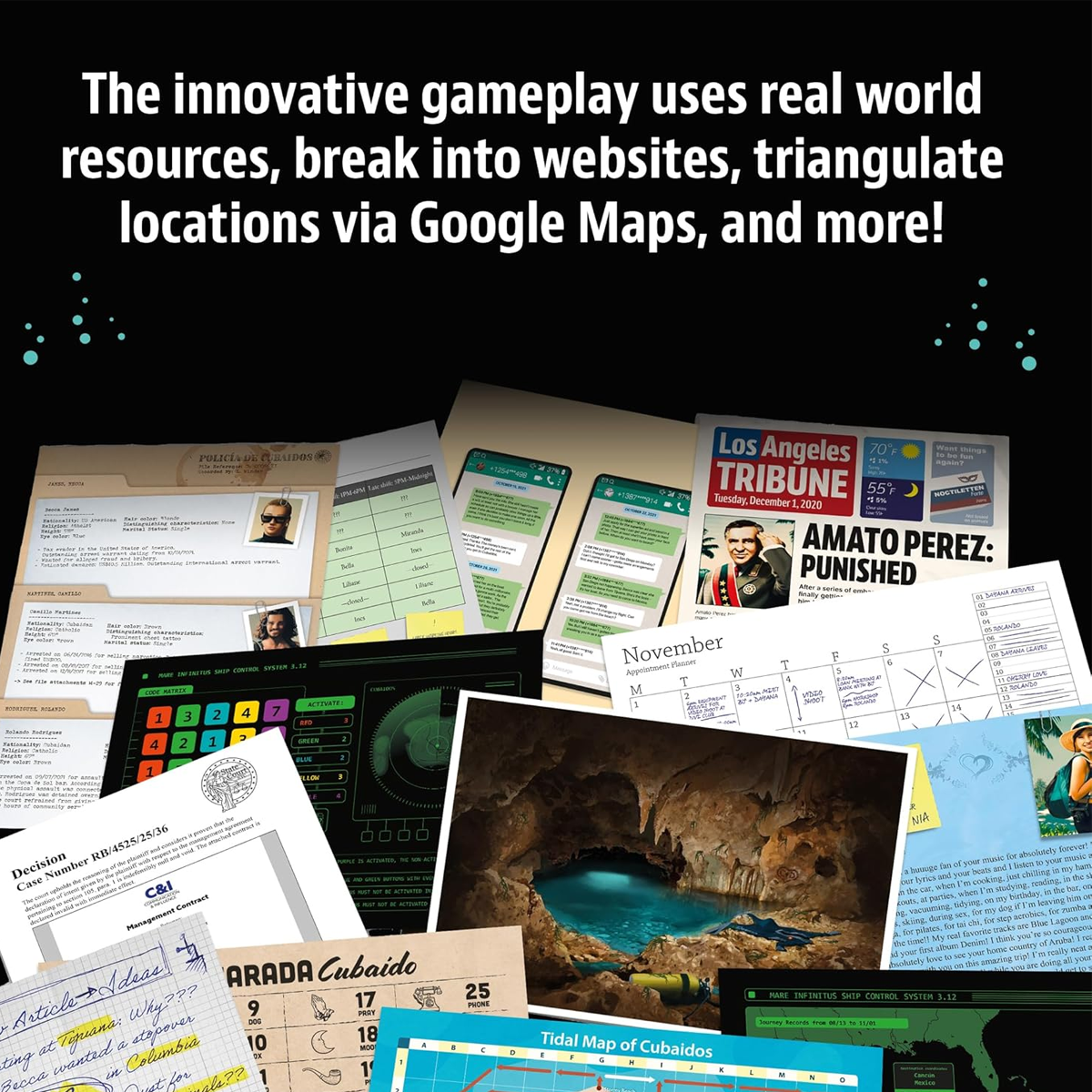 Masters of Crime: Rapture - Immersive Mystery Board Game Infographic Showing Lots of Evidence Documents on a Black Background | Happy Piranha