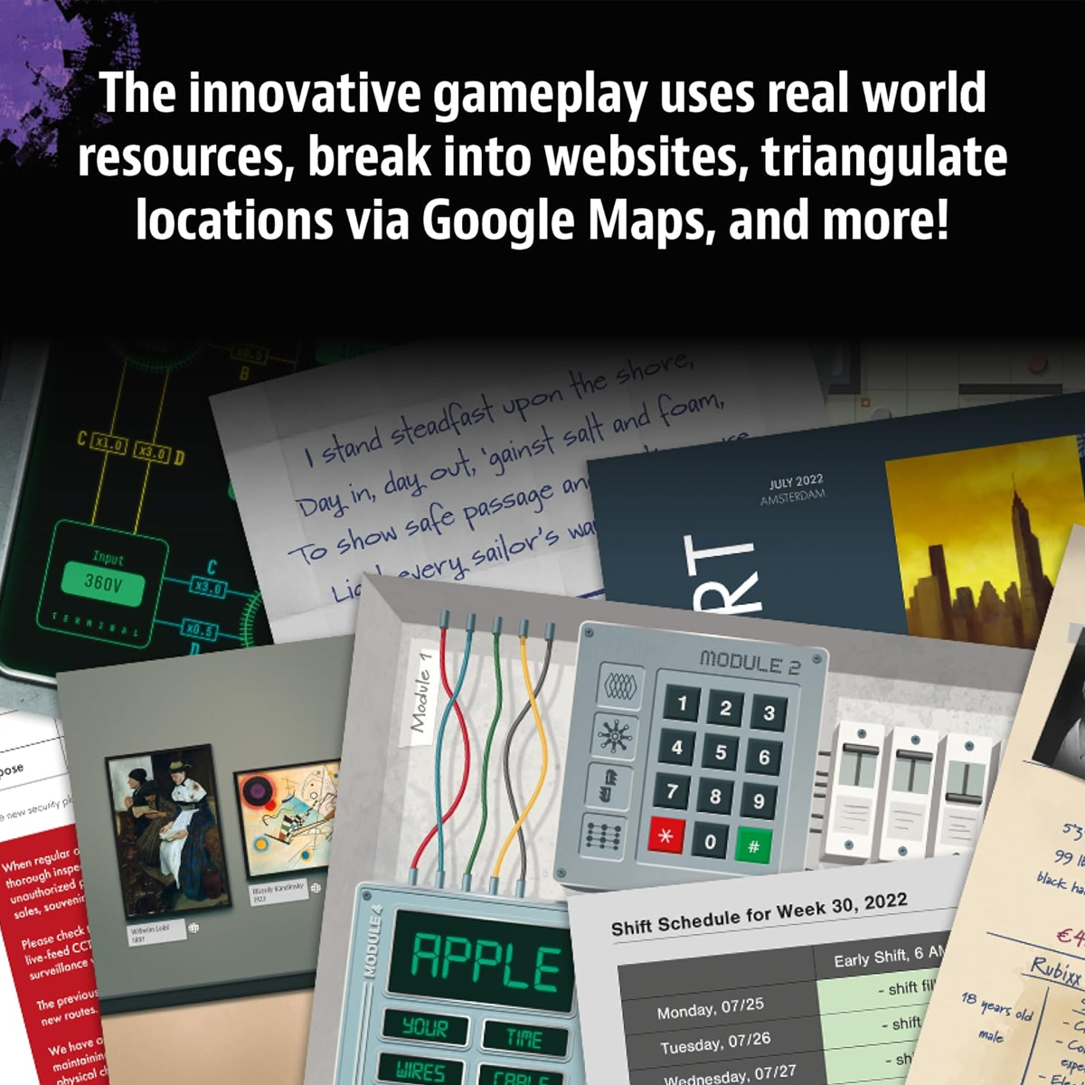 Masters of Crime: Shadows - Immersive Mystery Board Game Infographic Showing Lots of Evidence Papers on a Black Background | Happy Piranha