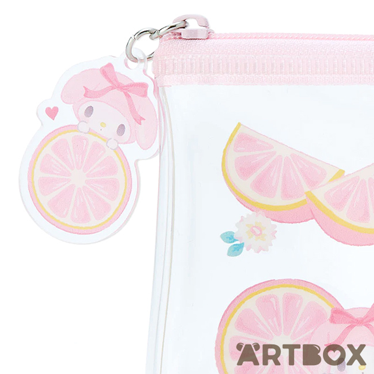 My Melody & Fruit Design Clear Sanrio Pencil Case (Close Up of the Zipper) on a White Background | Happy Piranha