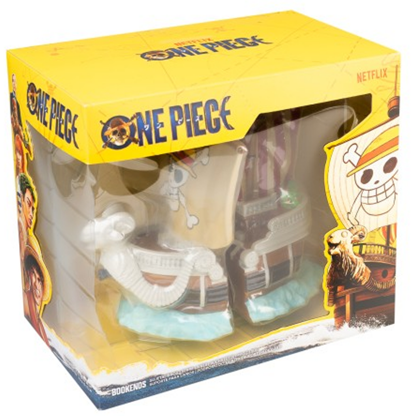 One Piece Going Merry Pirate Ship Bookends in Their Packaging on a White Background | Happy Piranha