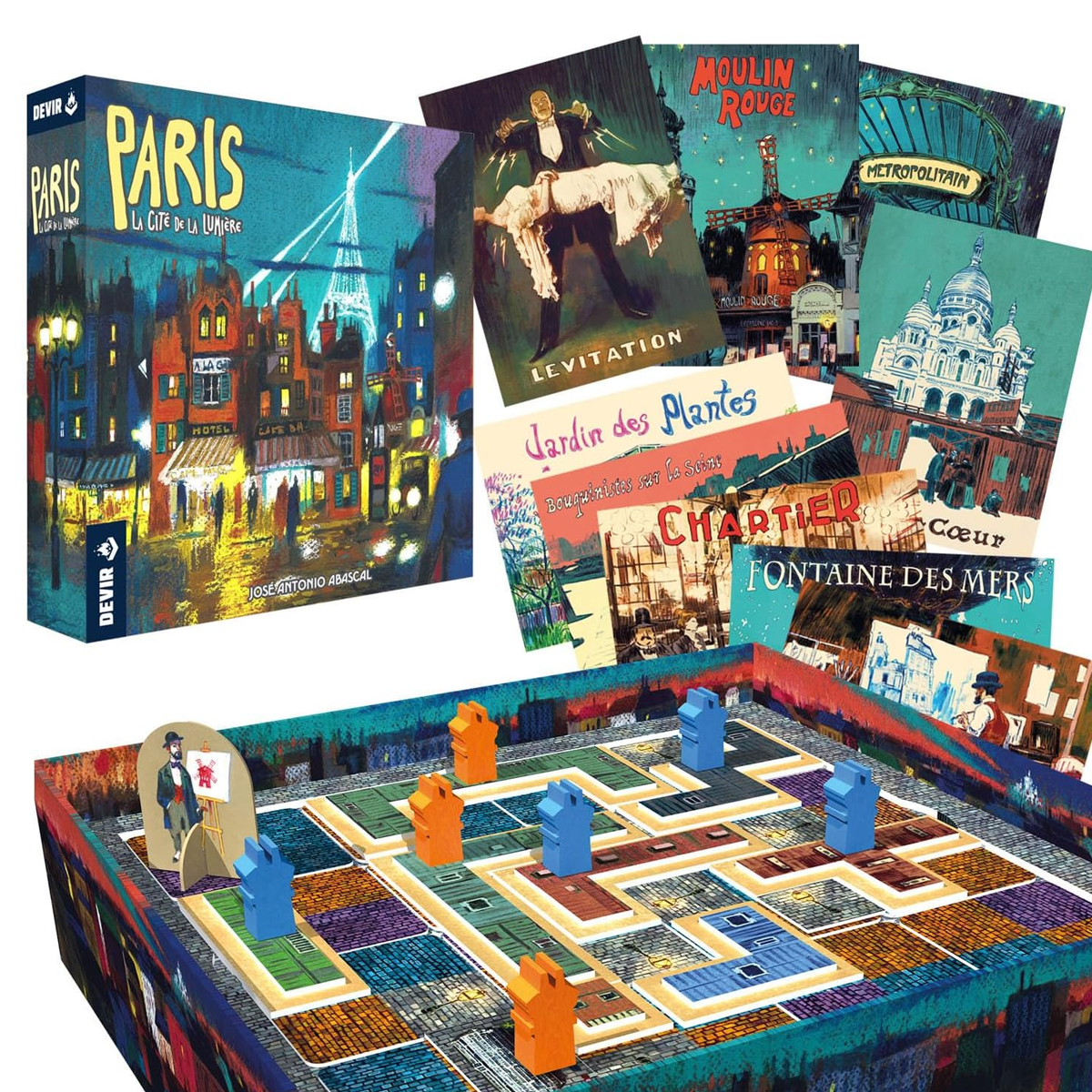Paris: La Cité de la Lumière Board Game (Box and Contents) on a White Background | Happy Piranha