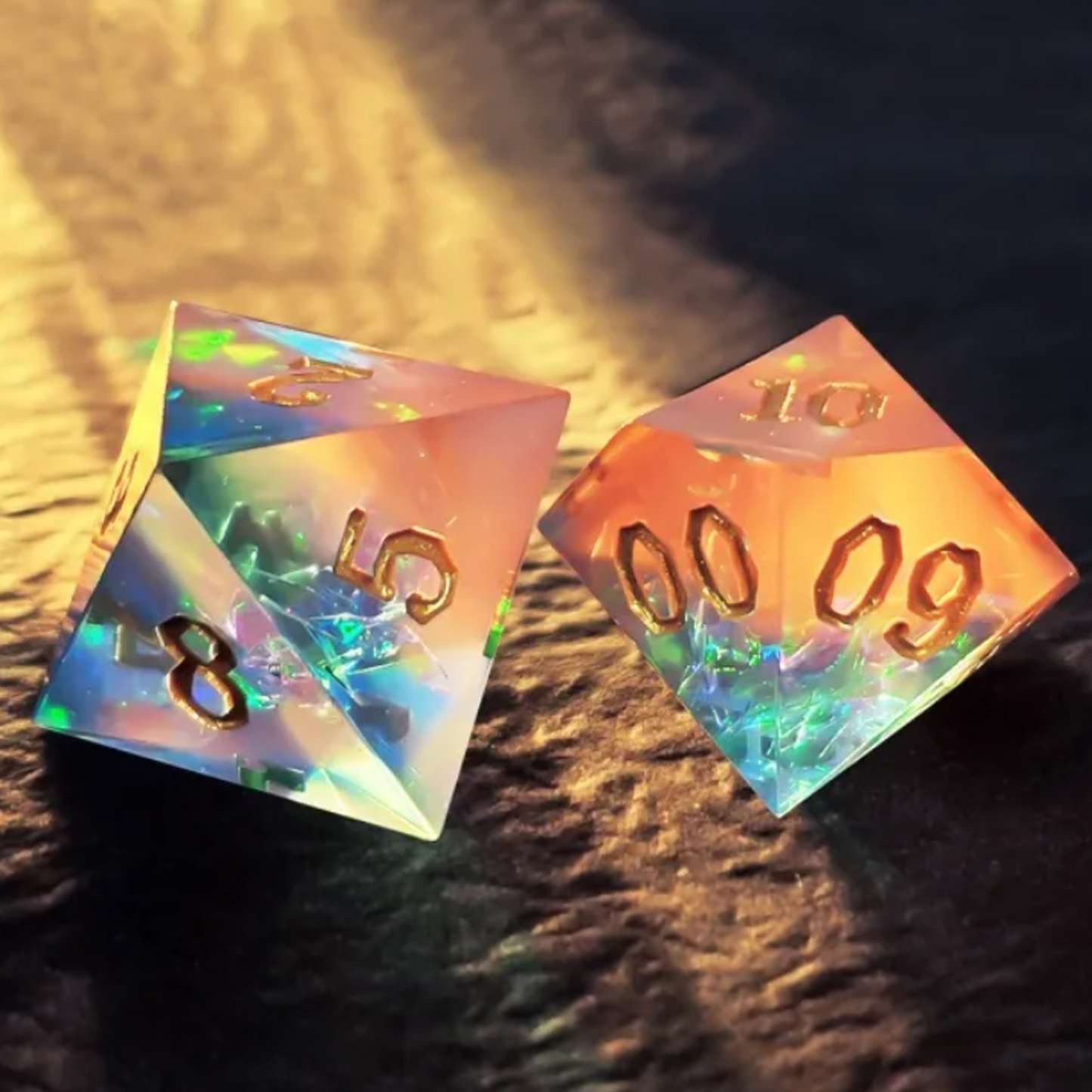 Peach Sunrise - Layered Sharp Edged Polyhedral Dice- The D100 and D12 Close up | Happy Piranha