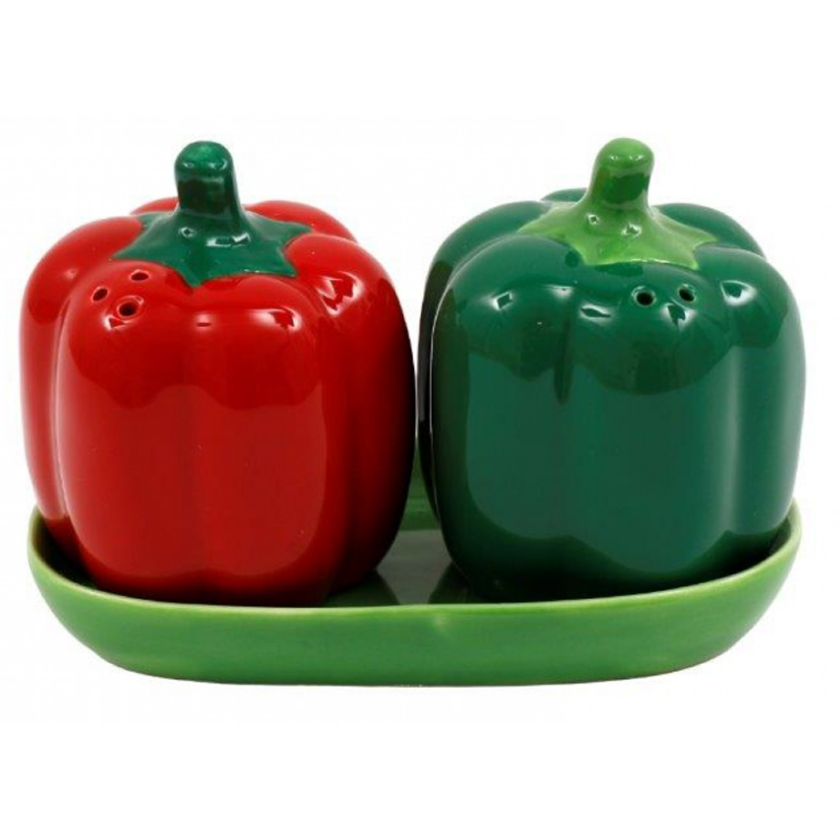 Red & Green Bell Pepper Pair: Ceramic Salt & Pepper Shaker Set On a White Background | Happy Piranha