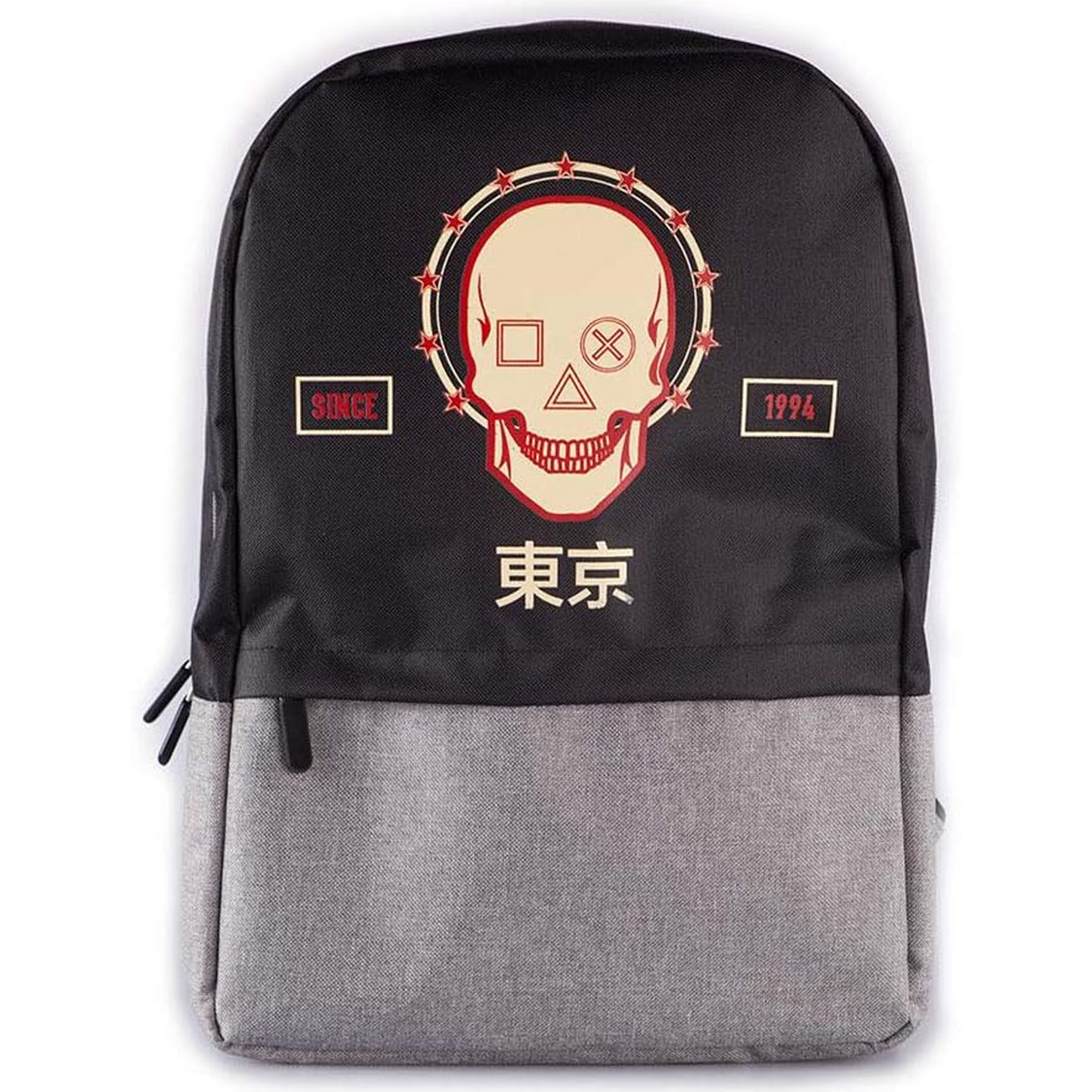 PlayStation Biker Skull Japanese Kanji Design Backpack (Front) | Happy Piranha