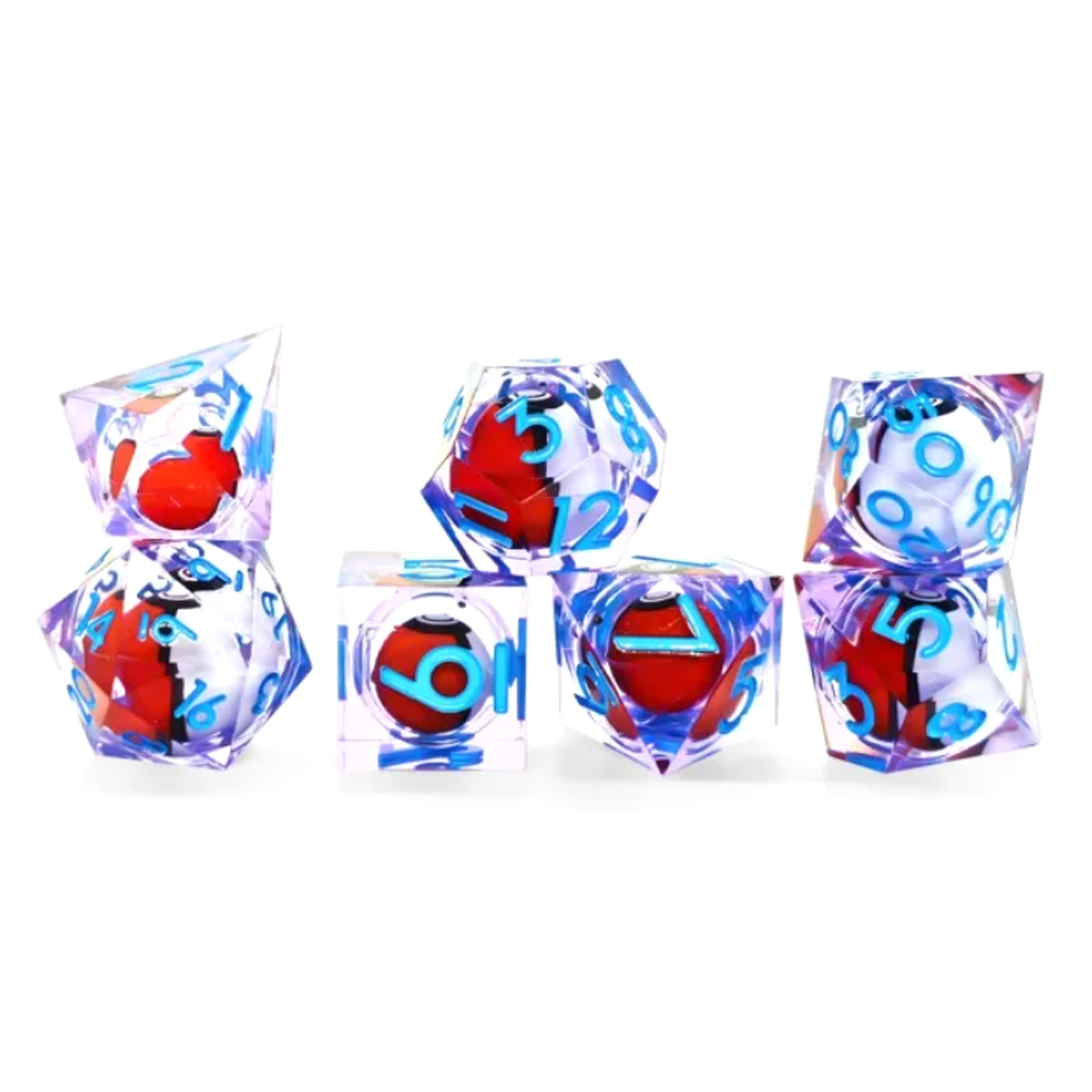 Pokeball: Liquid Core Sharp Edged Rolling Ball Polyhedral Dice Set in a Stack and in a Line on a White Background | Happy Piranha