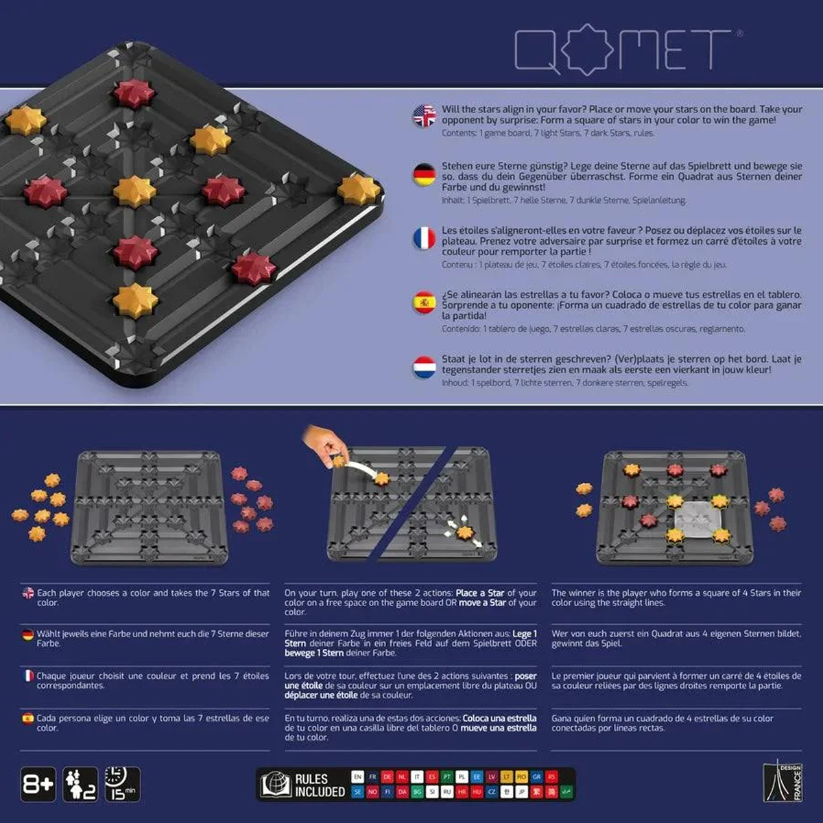 Qomet Board Game (Back of Box) On a White Background | Happy Piranha