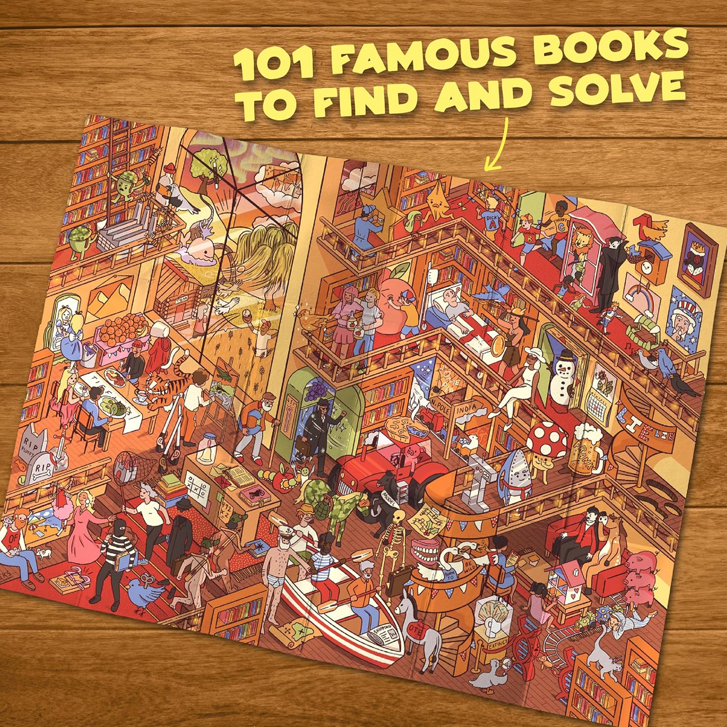 Riddle Pics - Books Edition Poster Spread out on a Wooden Table | Happy Piranha