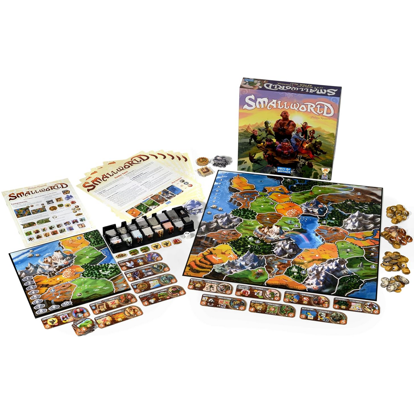 Small World Board Game Box and Components on a White Background | Happy Piranha