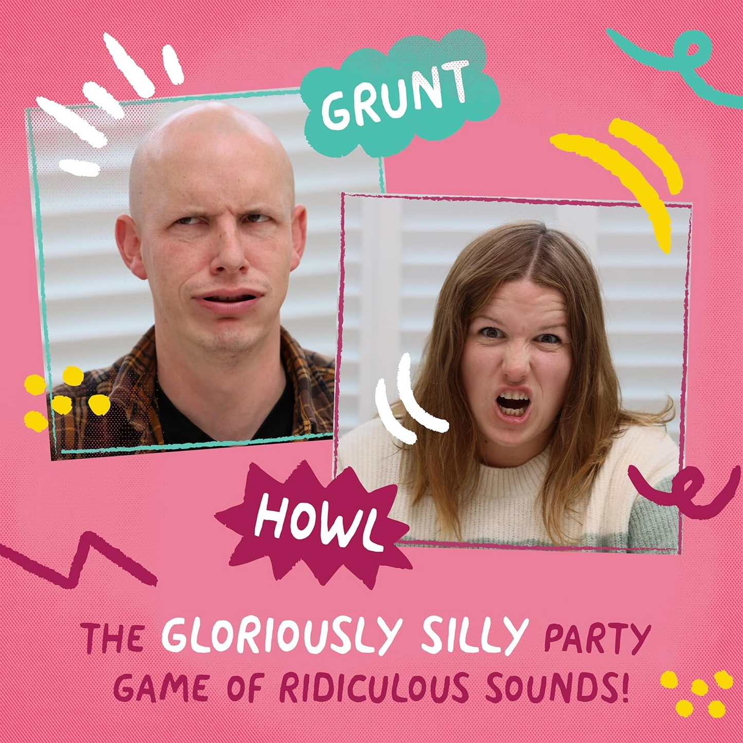 Images of a Man and a Woman Pulling Funny Faces Playing Soundiculous on a Pink Background | Happy Piranha