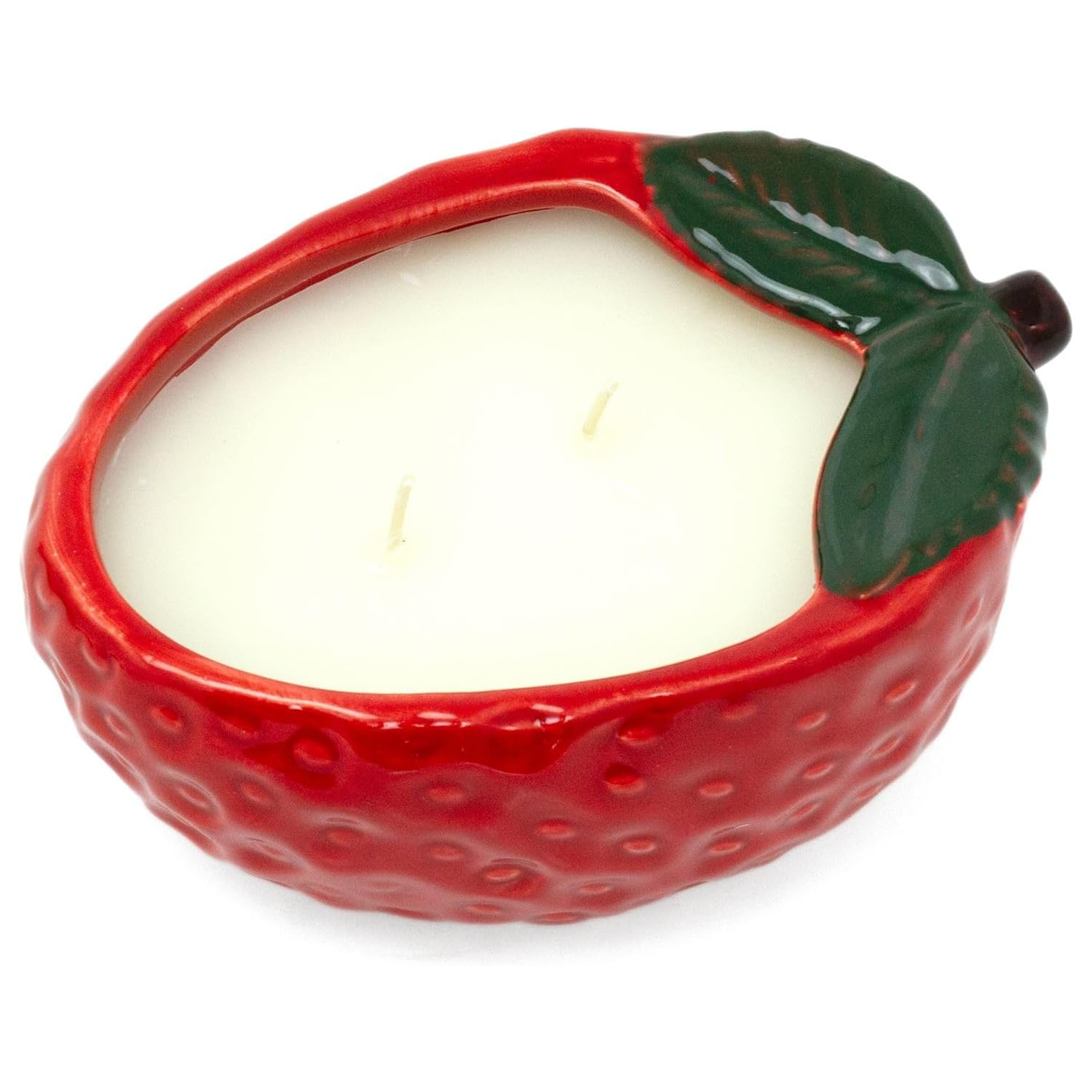 Strawberry Fields: Strawberry Shaped Ceramic Bowl Scented Candle Close Up and From Above on a White Background | Happy Piranha