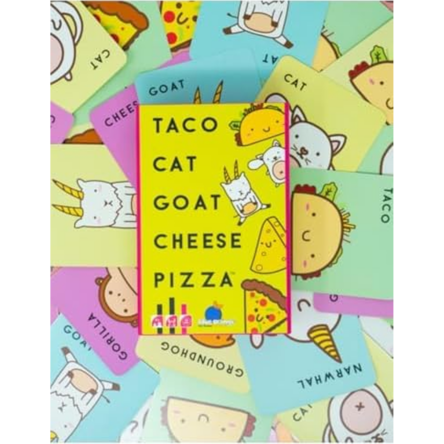 Taco Cat Goat Cheese Pizza Card Game Box Viewed From Above and Surrounded by Colourful Cards| Happy Piranha