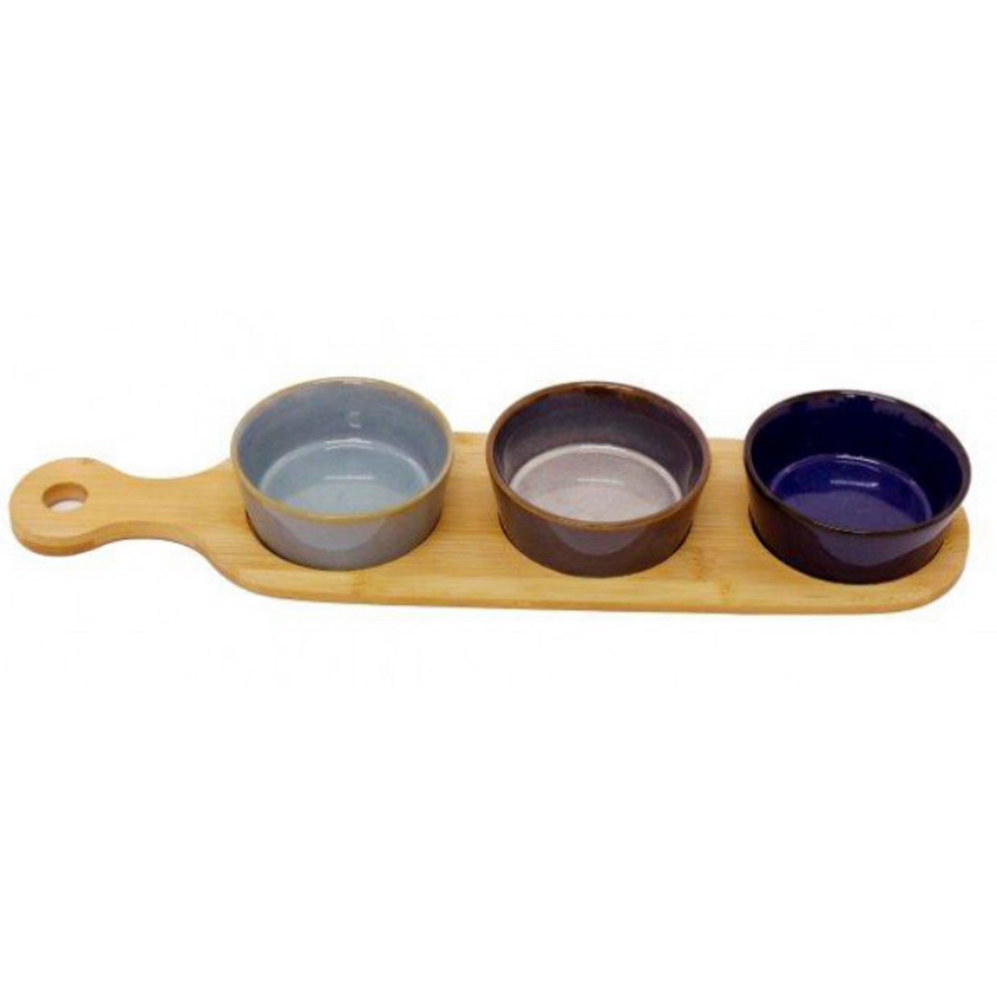 3 Set Ceramic Tapas Dishes With Bamboo Tray on a White Background | Happy Piranha