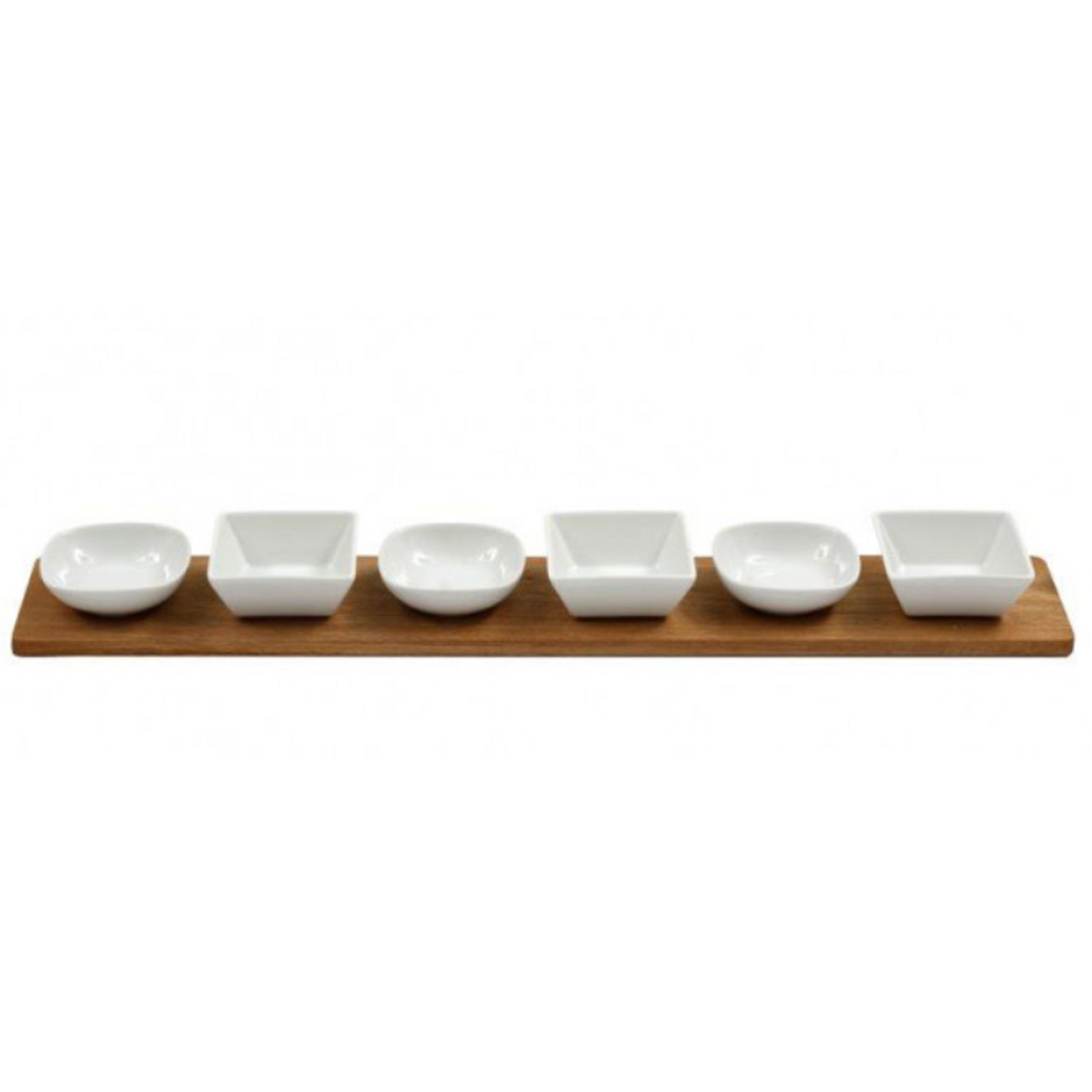 6 Set Ceramic Tapas Dishes With Acacia Wood Tray on a White Background | Happy Piranha