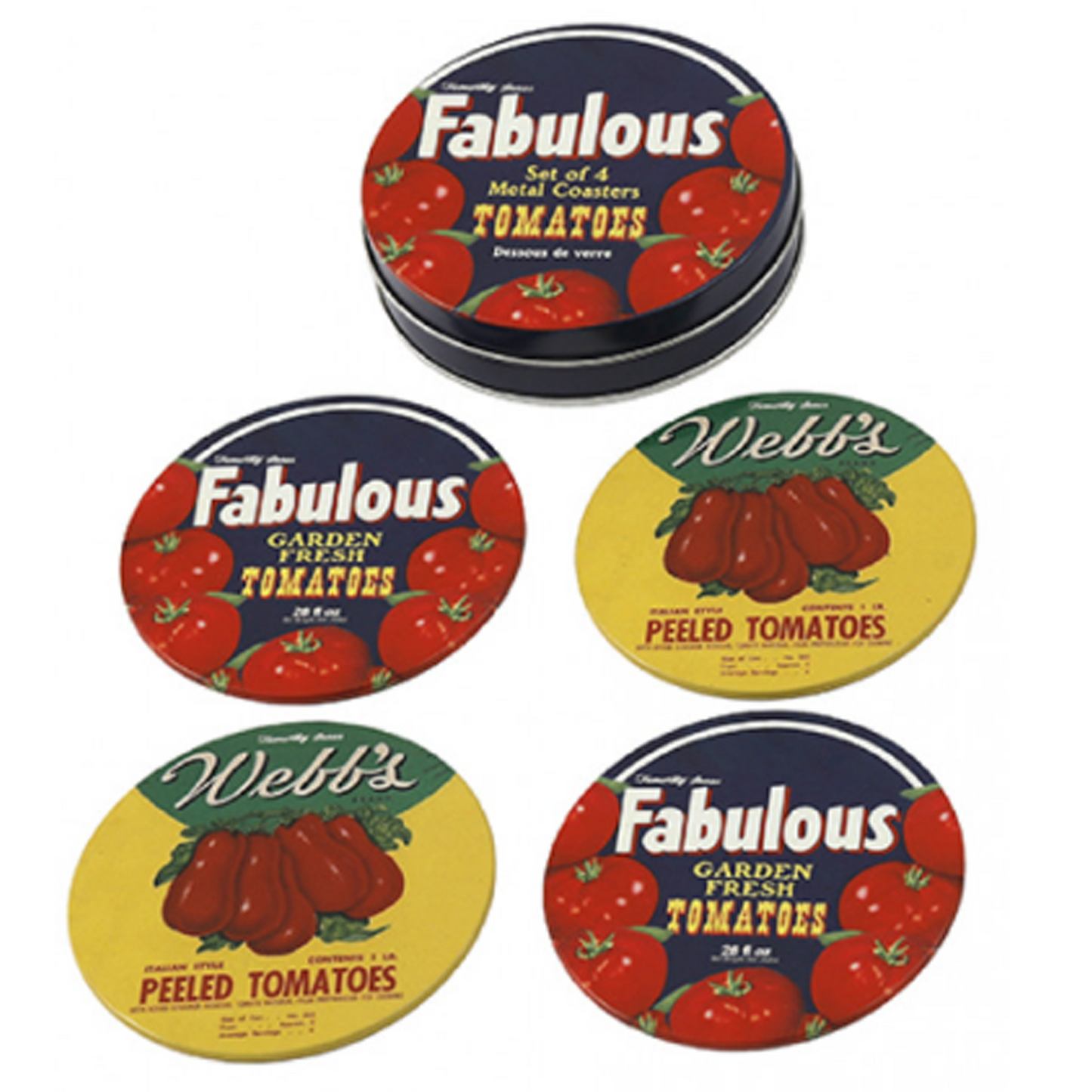 Vintage Tomato Signage Tin Coaster Set on a White Background | Happy Piranha