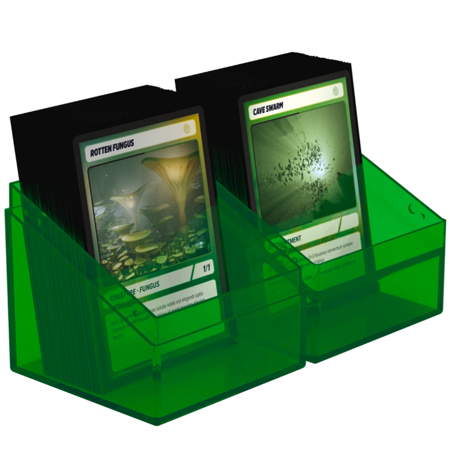 Ultimate Guard Boulder: 100+ Transparent Deck Box: Emerald (Fully Open With Cards in Each Half) On a White Background | Happy Piranha