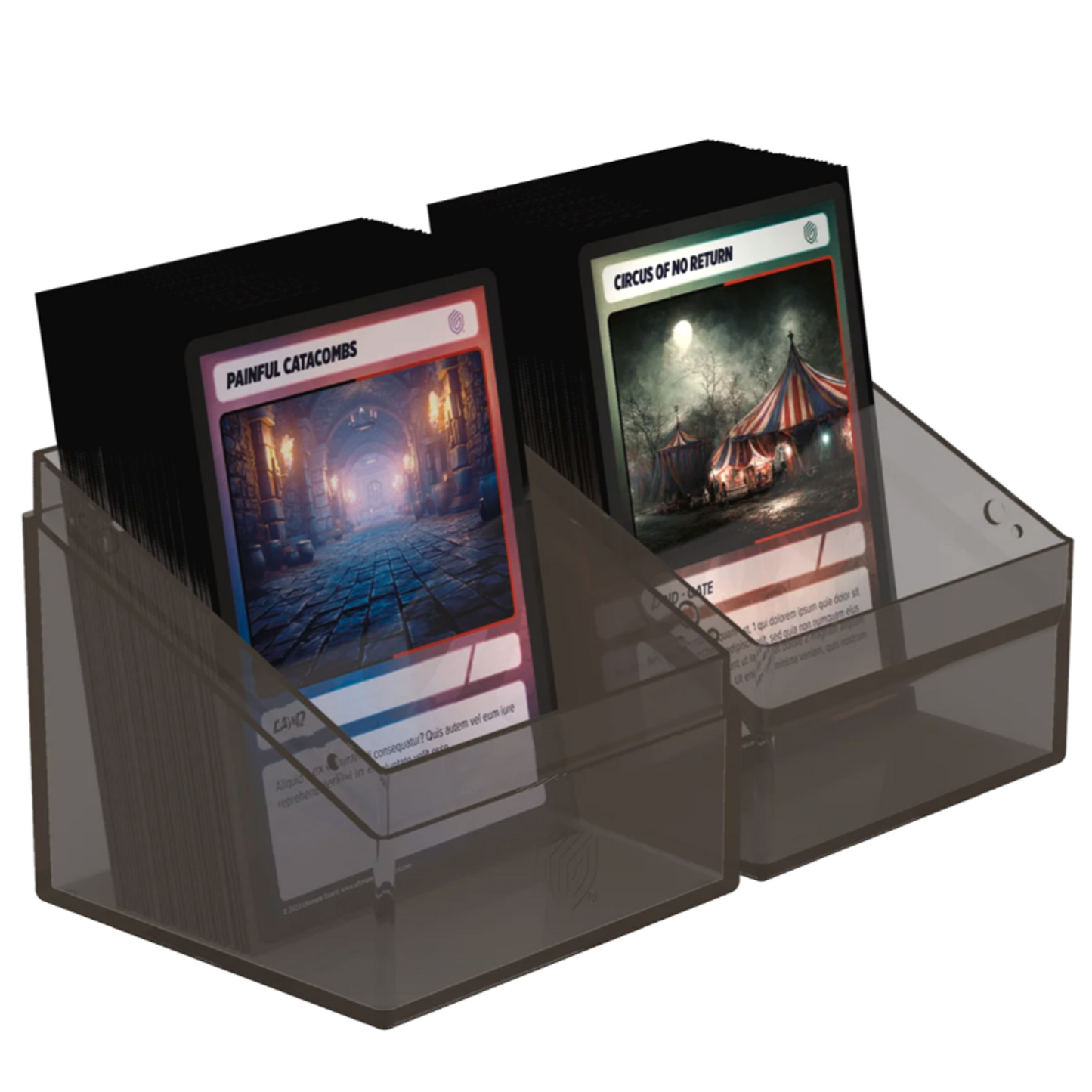 Ultimate Guard Boulder: 100+ Transparent Deck Box: Onyx (Fully Open With Cards in Either Half) On a White Background | Happy Piranha