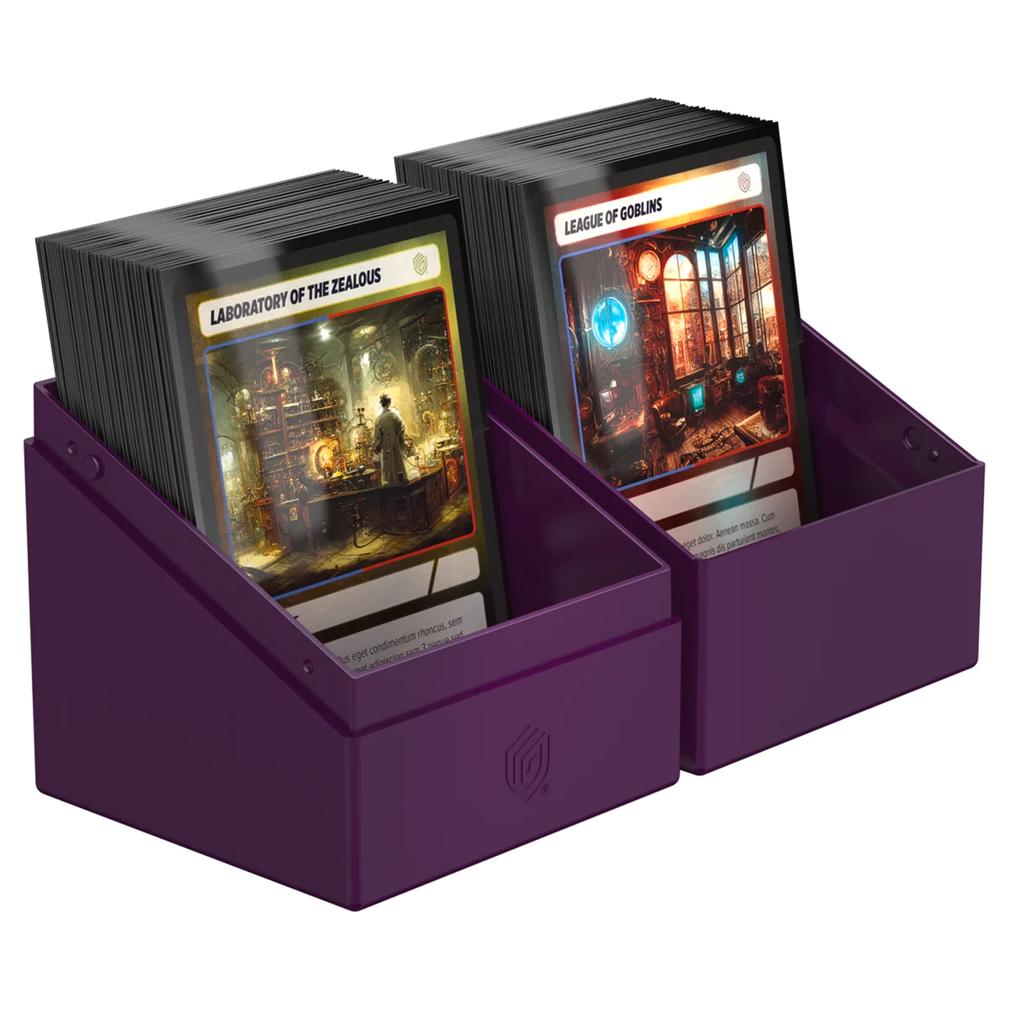 Ultimate Guard Boulder: 100+ Solid Deck Box: Purple (Fully Open With Cards in Either Half) On A White Background | Happy Piranha